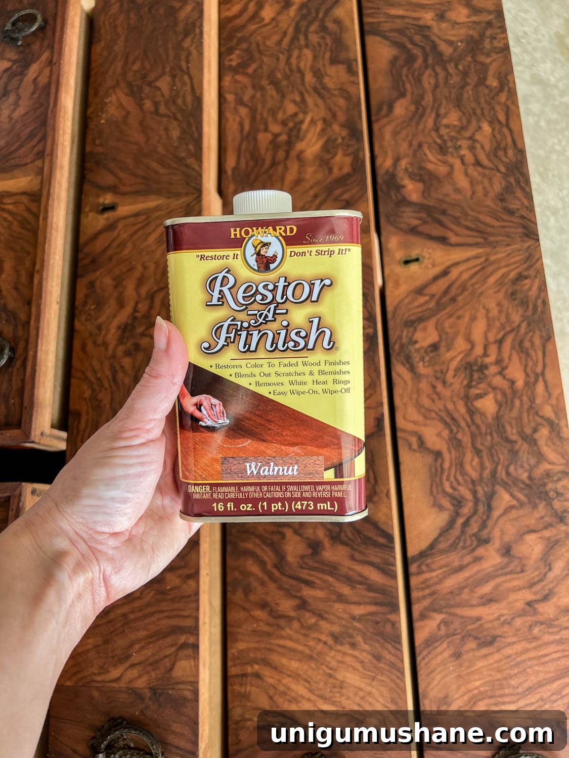 Burl Wood Furniture for Every Budget: Refinished Burl Dresser 4 using restor-a-finish on burl wood furniture to remove scratches and restore faded color