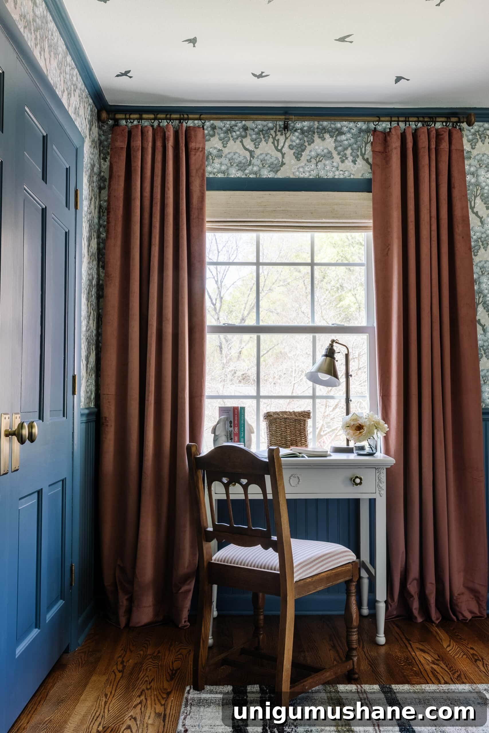 Blue Teen Bedroom Ideas and Girl's Room Tour 12 bedroom desk and chair to double as a bedroom vanity with mauve curtains