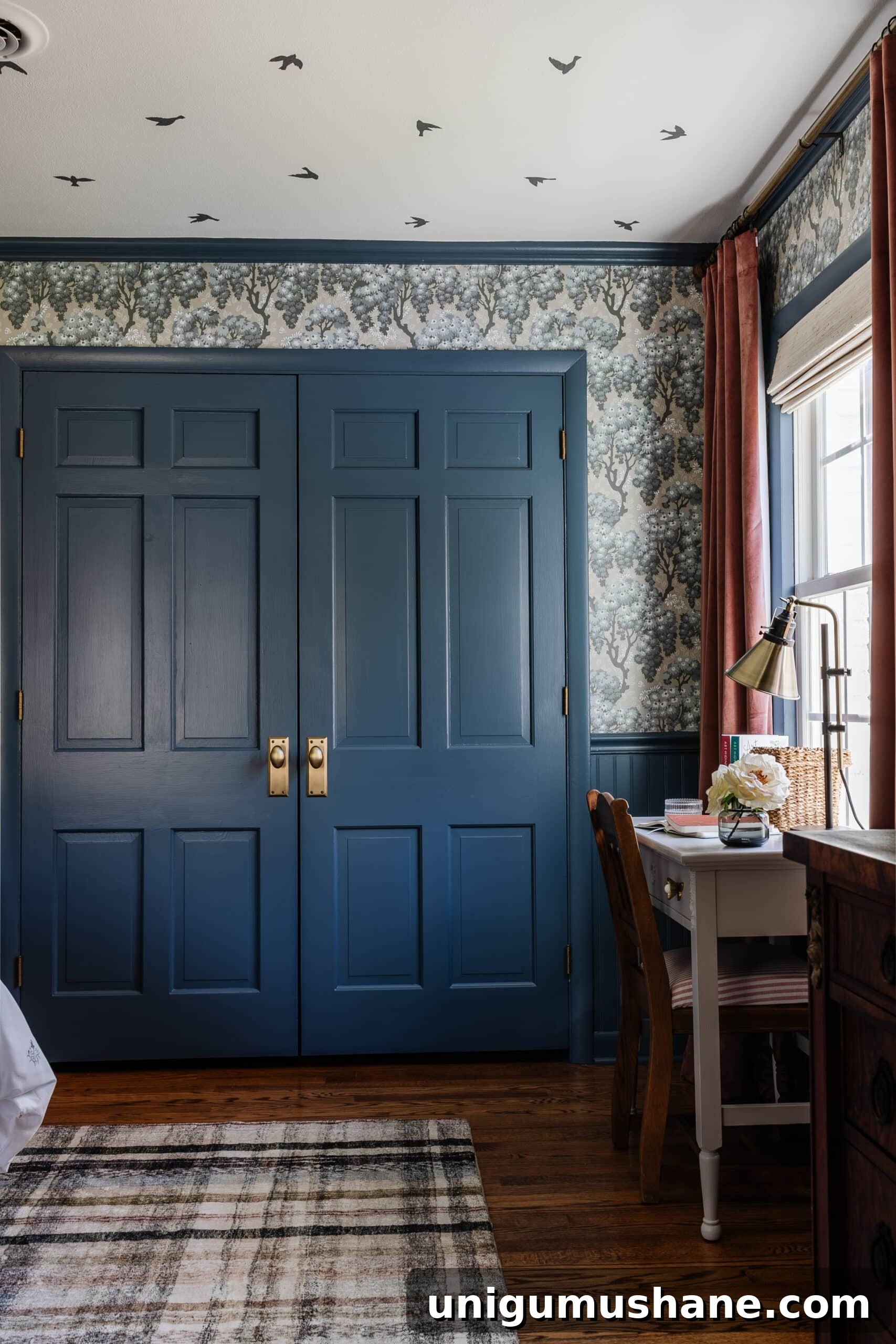 Blue Teen Bedroom Ideas and Girl's Room Tour 14 double closet doors with antique gold knobs and desk in front of window