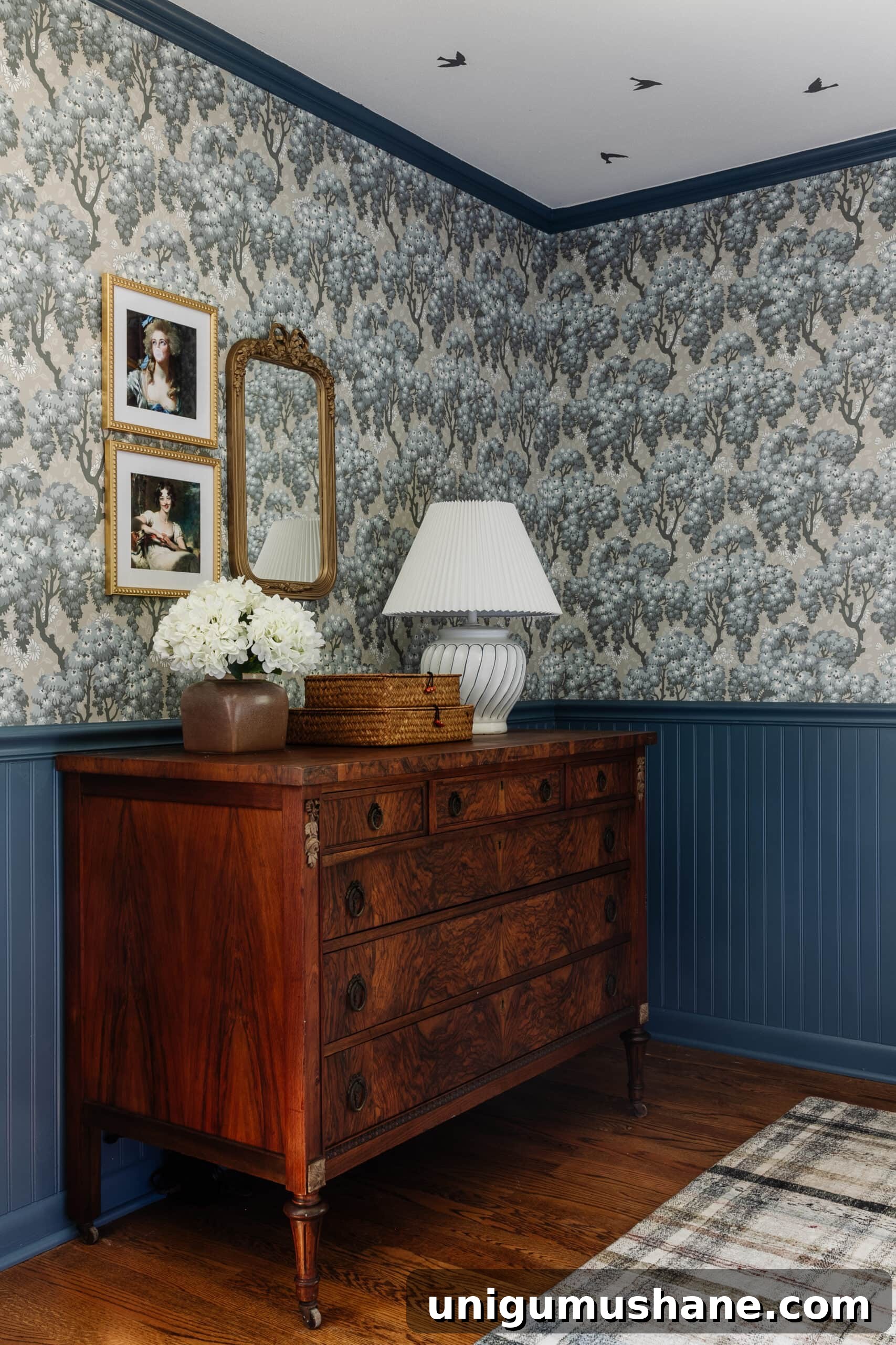 Blue Teen Bedroom Ideas and Girl's Room Tour 18 burl wood dresser and altered portrait art in a swedish cottage bedroom