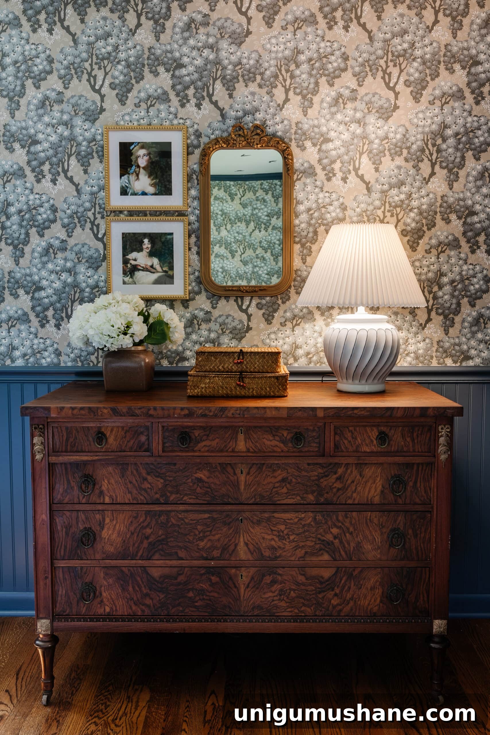 Blue Teen Bedroom Ideas and Girl's Room Tour 20 burl dresser with swedish wallpaper and blue beadboard + antique altered portraits