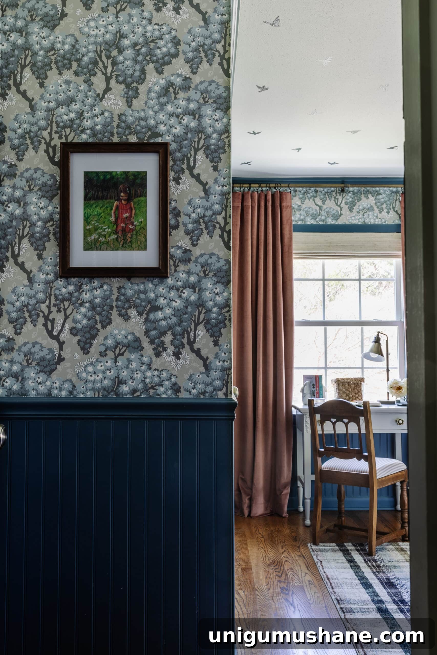 Blue Teen Bedroom Ideas and Girl's Room Tour 4 custom art on swedish cottage wallpaper with bedroom desk