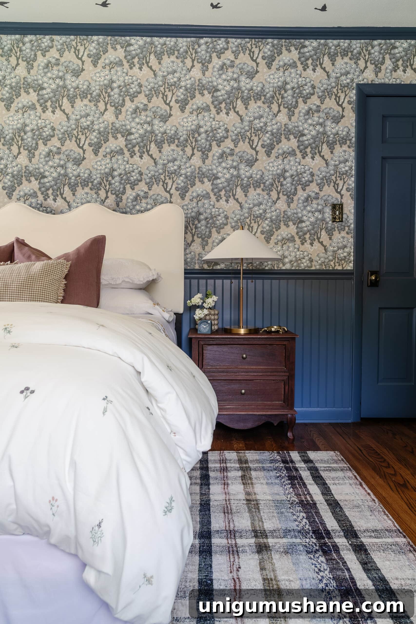 Blue Teen Bedroom Ideas and Girl's Room Tour 5 swedish cottage girls bedroom with pattern play bedding, full length mirror, traditional wood nightstand, and modern lamp