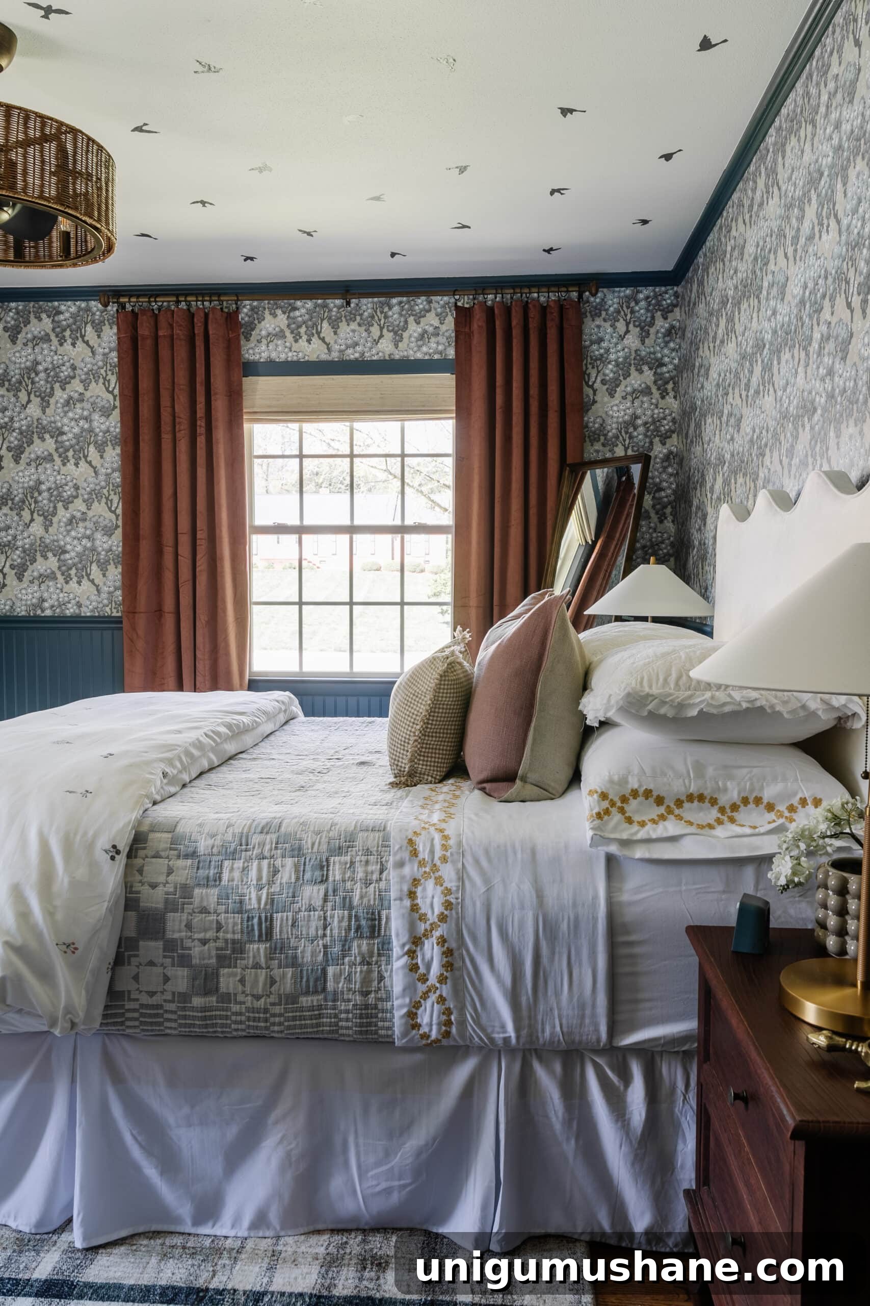 Blue Teen Bedroom Ideas and Girl's Room Tour 7 girls bedroom with pattern play bedding, full length mirror, mauve curtains, and modern lamps