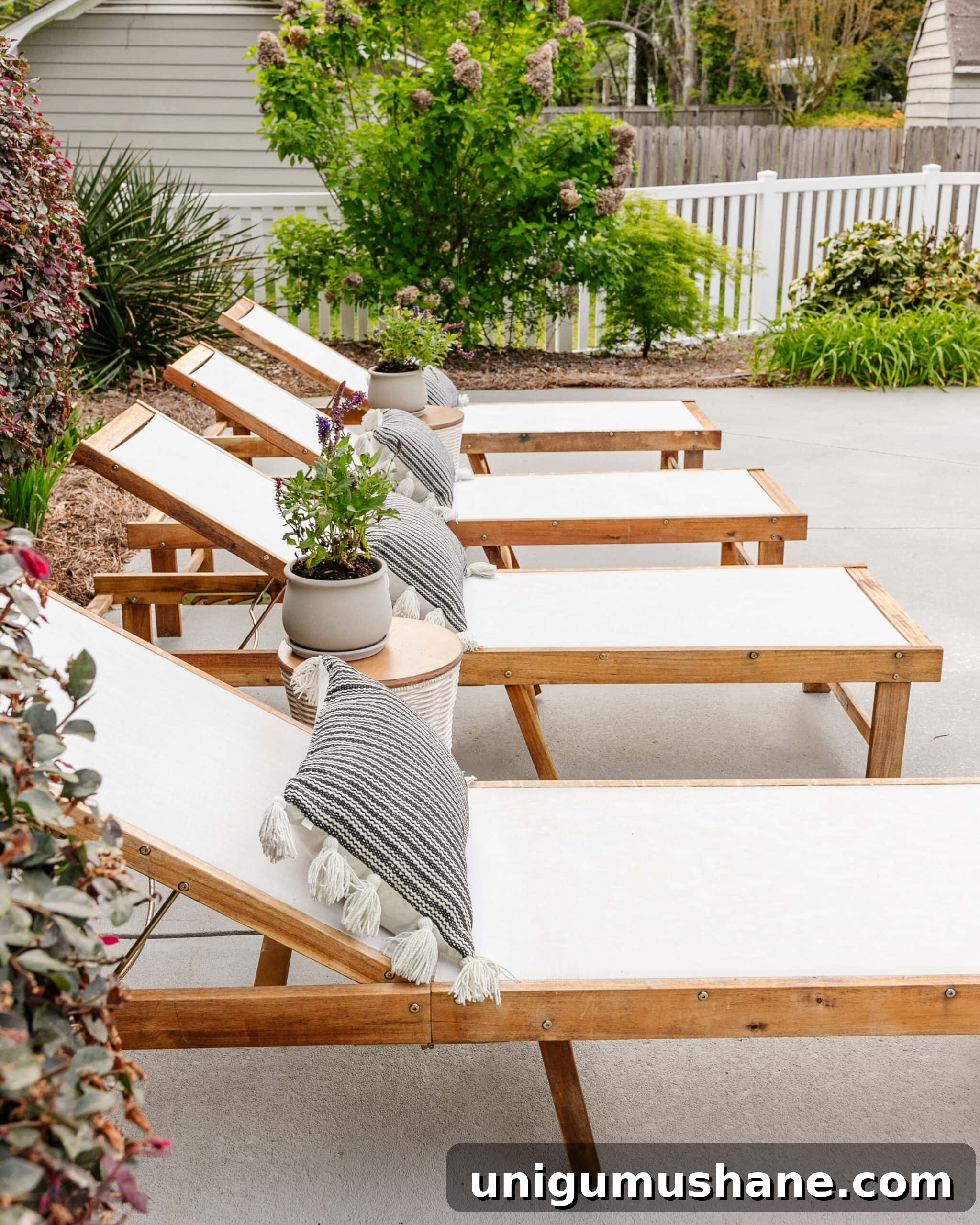 Spring Cleaning Checklist for Your Backyard Patio 18 pool sun lounger chairs after spring cleaning with a pressure washer and teak oil