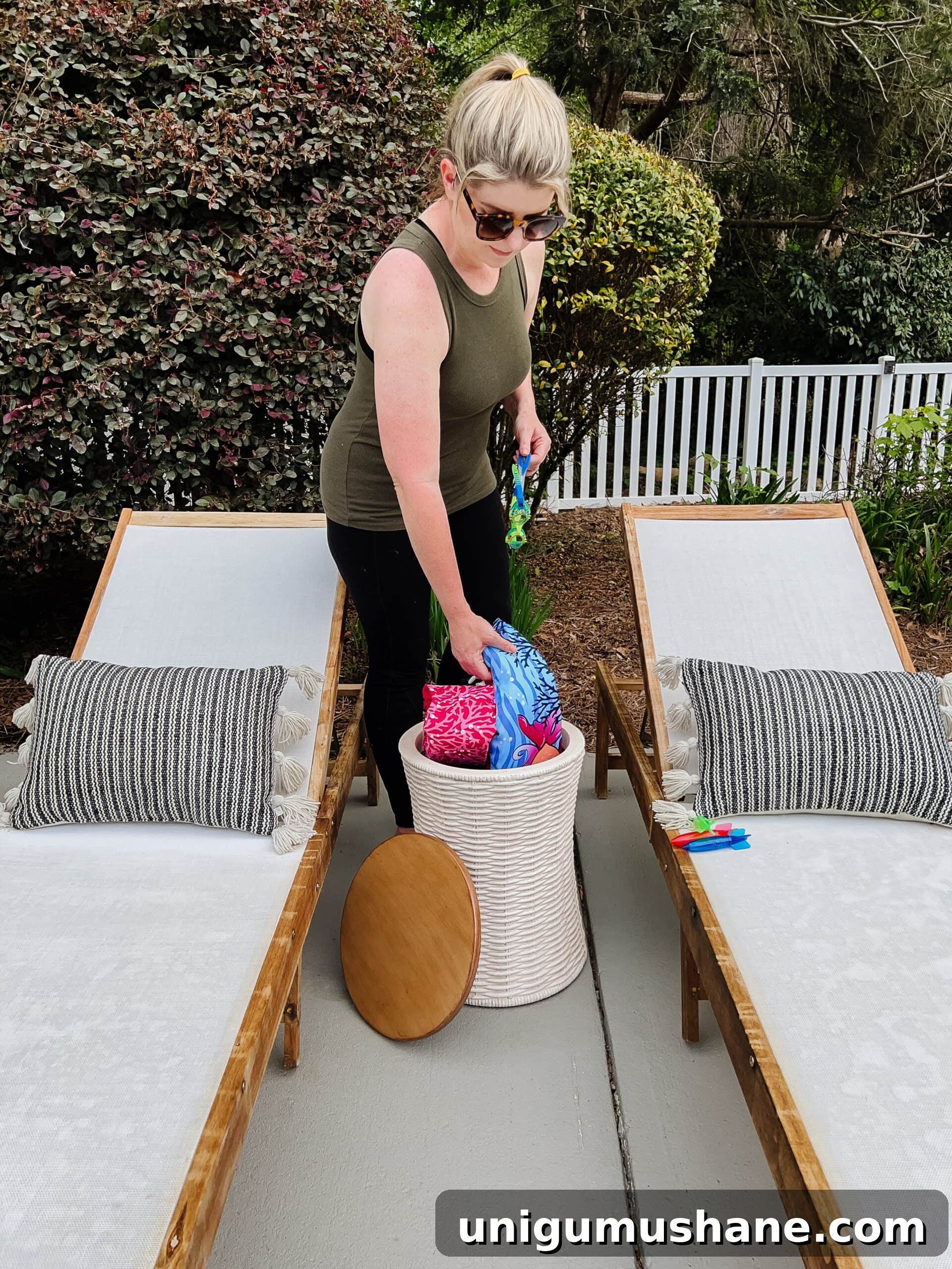 Spring Cleaning Checklist for Your Backyard Patio 20 using a garden stool as pool toy storage