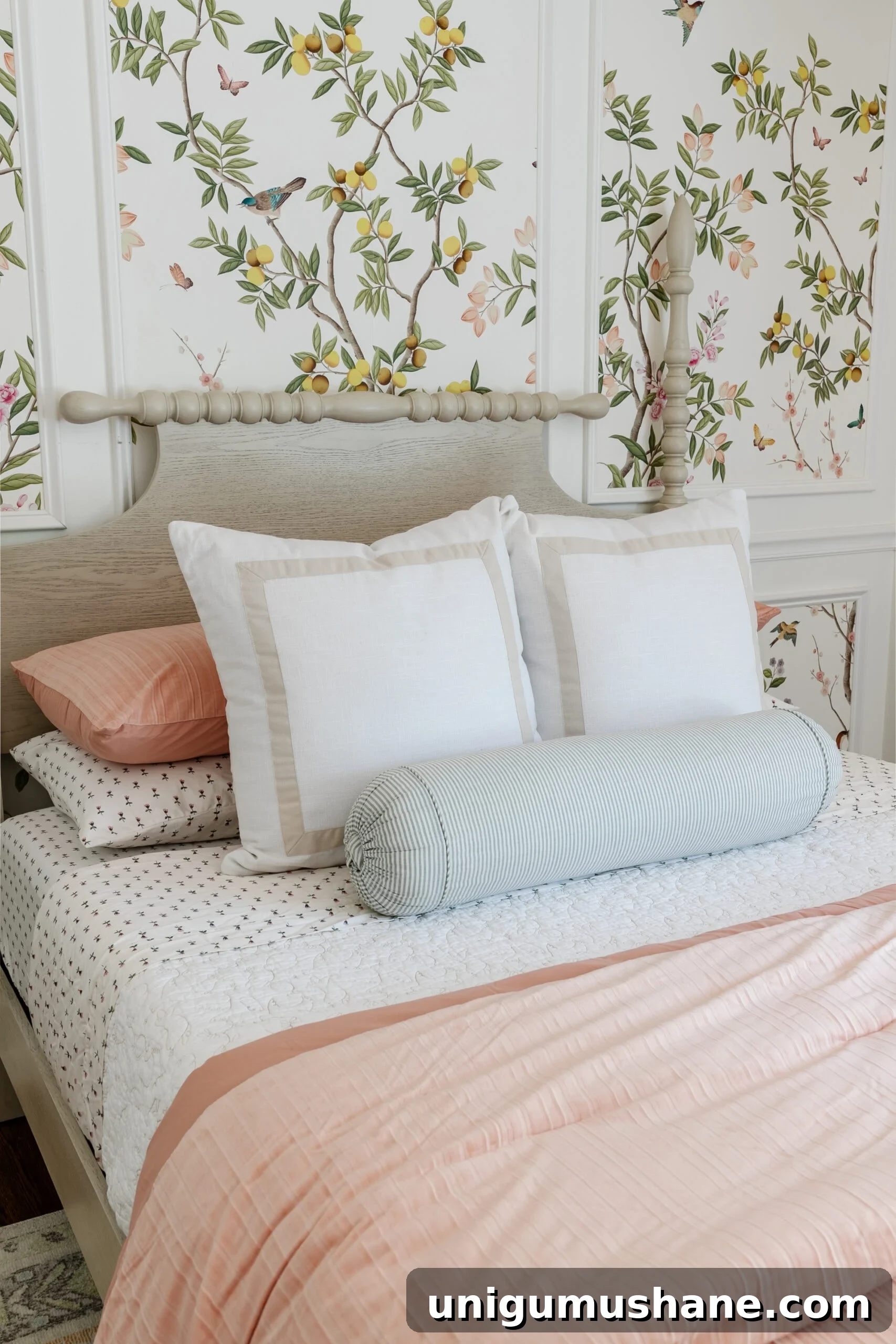 spindle vintage style wood bed pink bedding and cottagecore decor