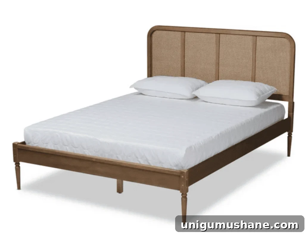 midcentury wood rattan platform bed