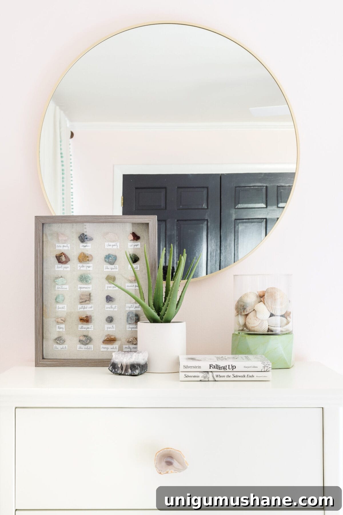 DIY rock collection art and seashell display for free home decor