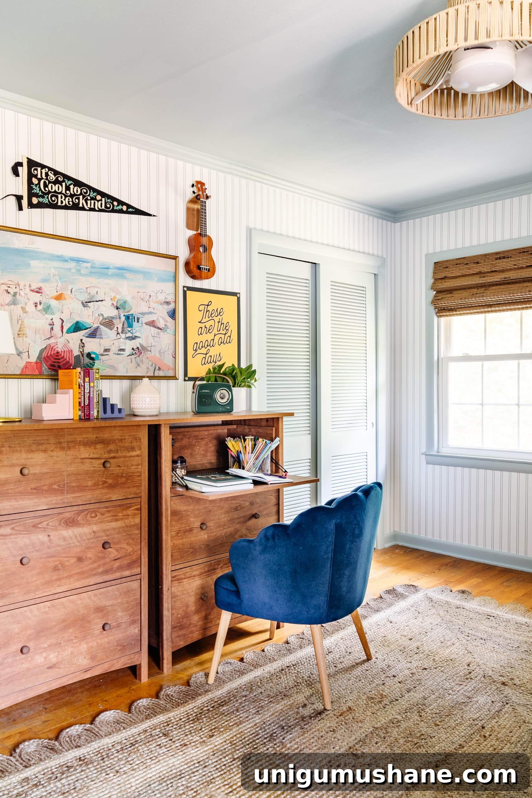 dresser turned into a desk / vanity in a shared girls bedroom