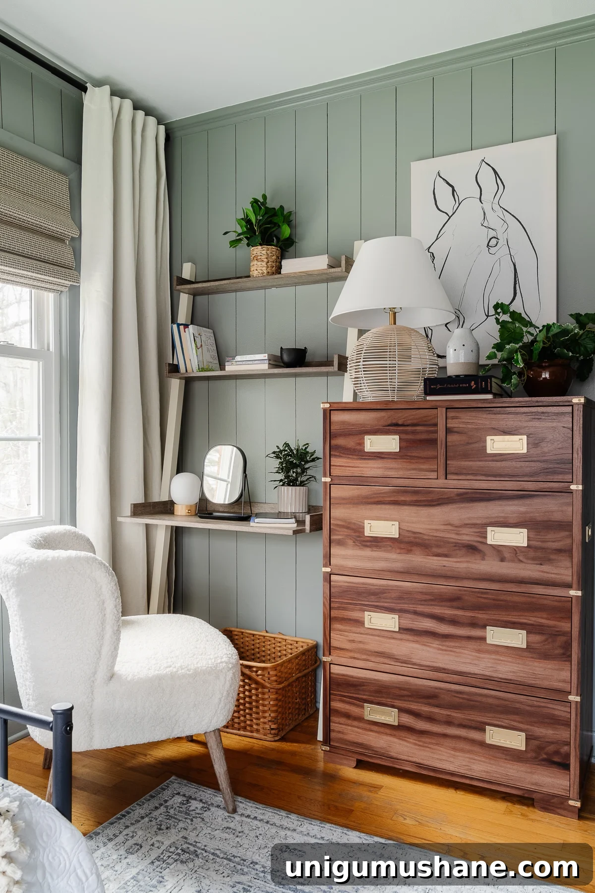 teen girl bedroom with vanity / desk and chair and dresser with horse art
