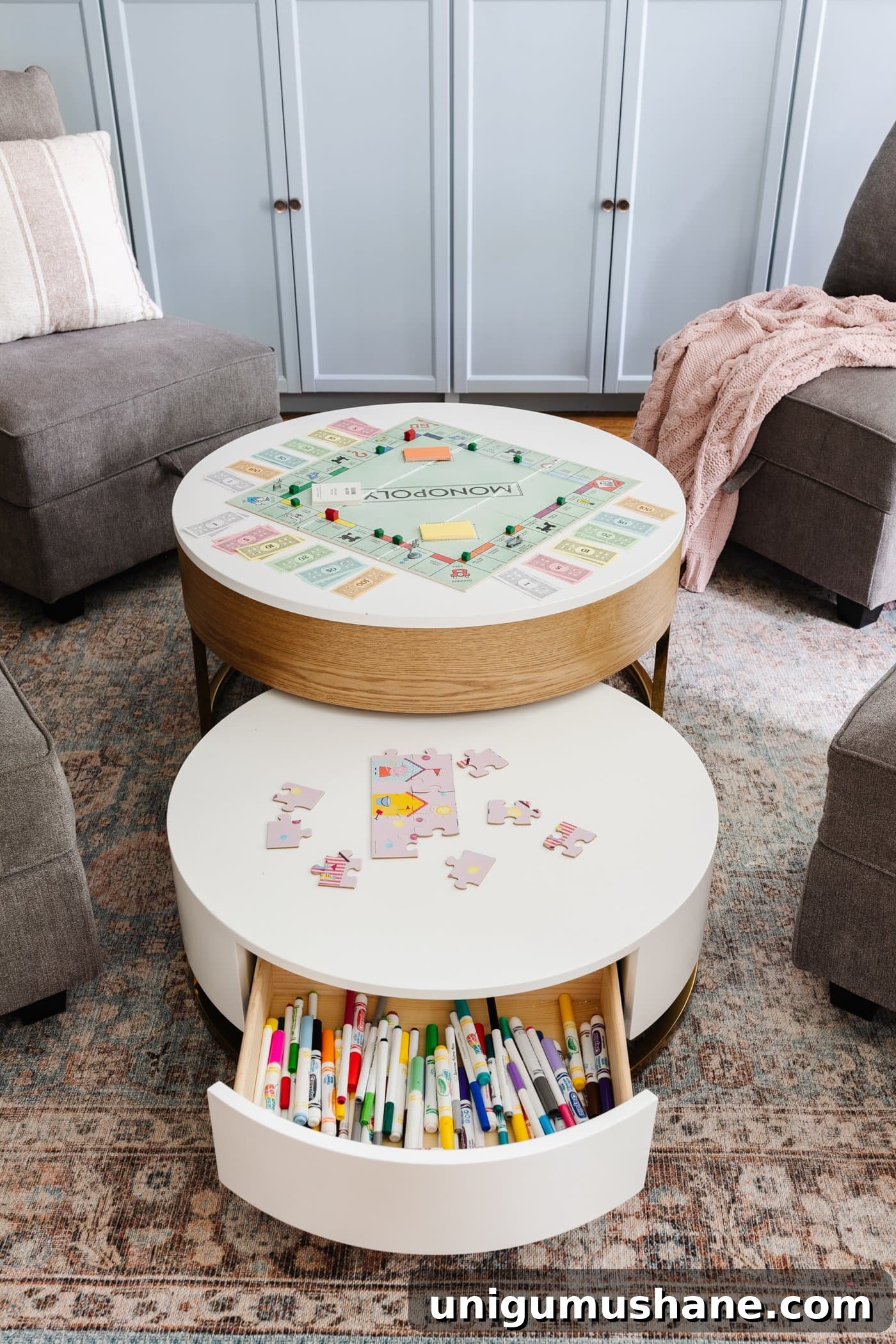 storage coffee table with hidden compartments for puzzles and games