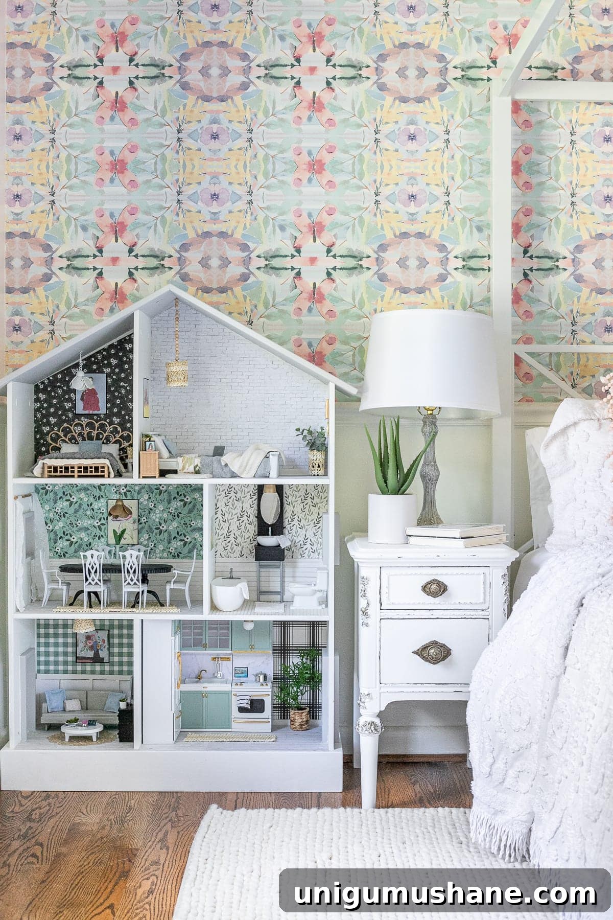bookshelf repurposed into a DIY Barbie dollhouse