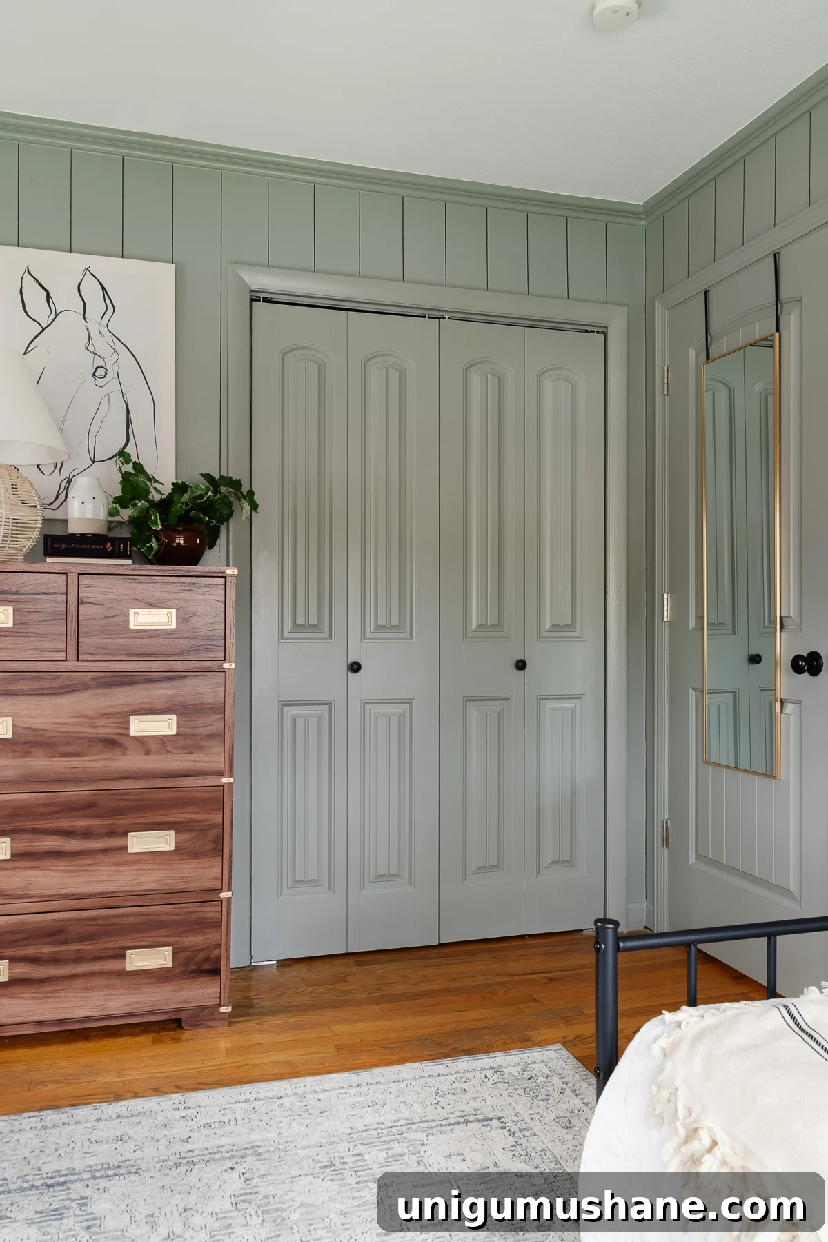 doors in a bedroom painted Sherwin Williams Evergreen Fog with full mirror hanging on the back
