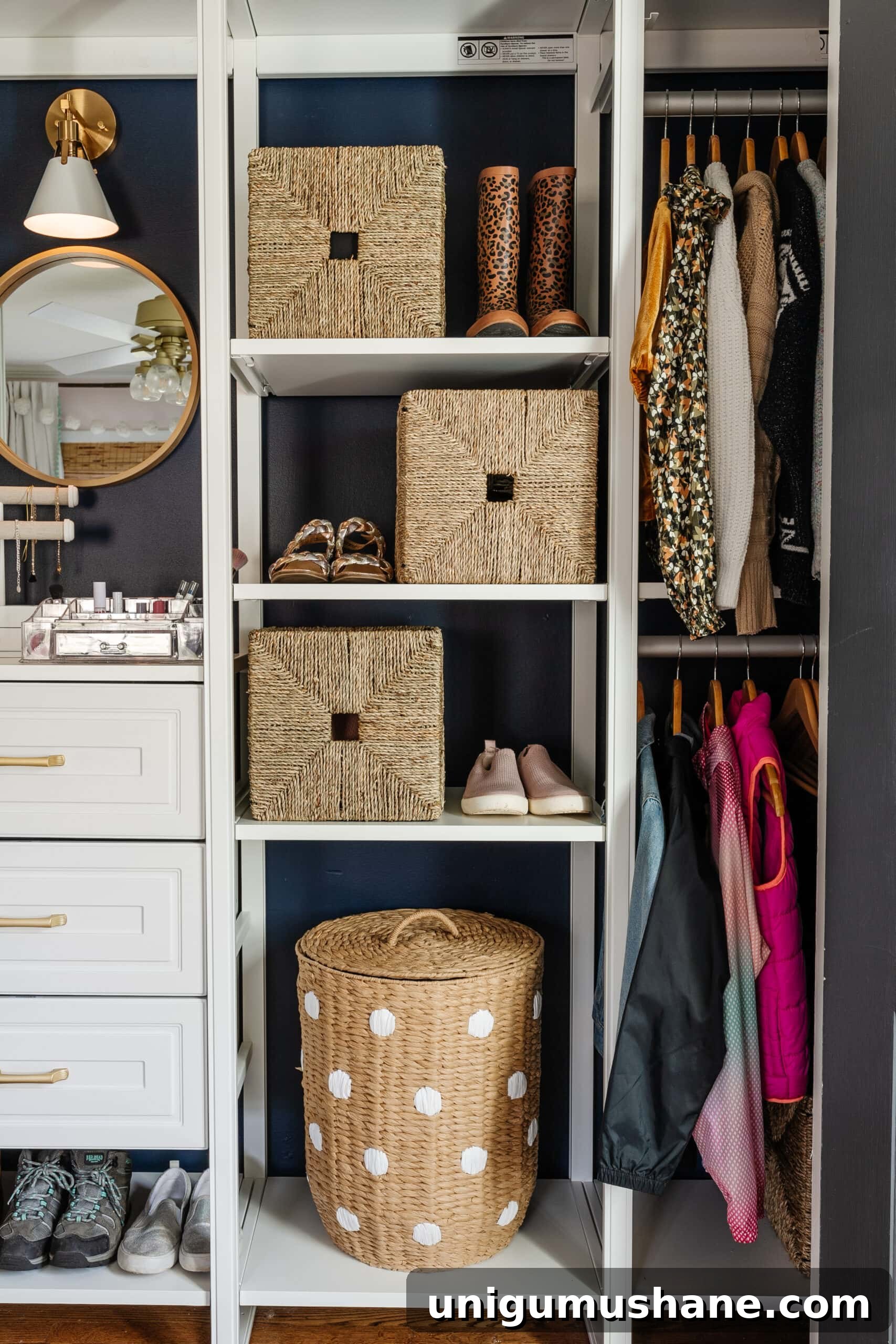 lidded hamper in a girls closet
