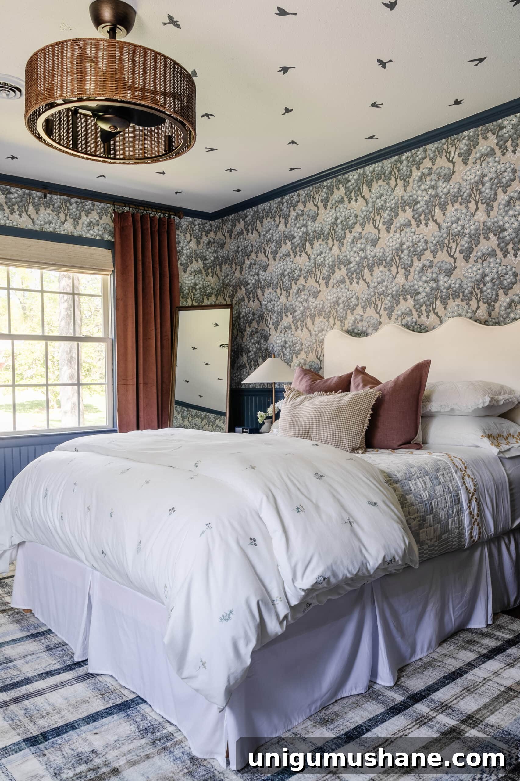 Swedish cottage teen bedroom with Sandberg wallpaper, Chris Loves Julia Humphrey rug, and scalloped Serena and Lily headboard dupe