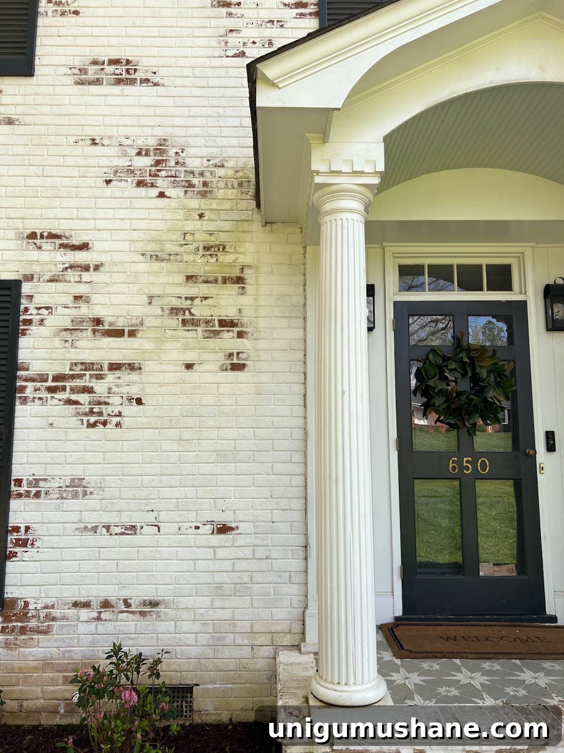 Limewashed Brick Cleaning and Maintenance Guide 4 dirty limewashed brick before cleaning beside a porch stoop