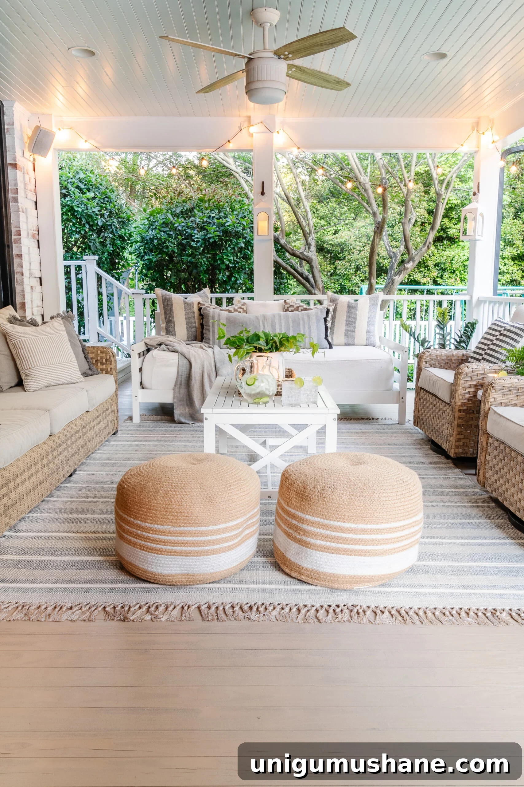 How to Get a Neutral Driftwood Look with Deck Stain 2 back porch floor refinished with Behr Stain in Taupe + back porch furniture and decor from Walmart