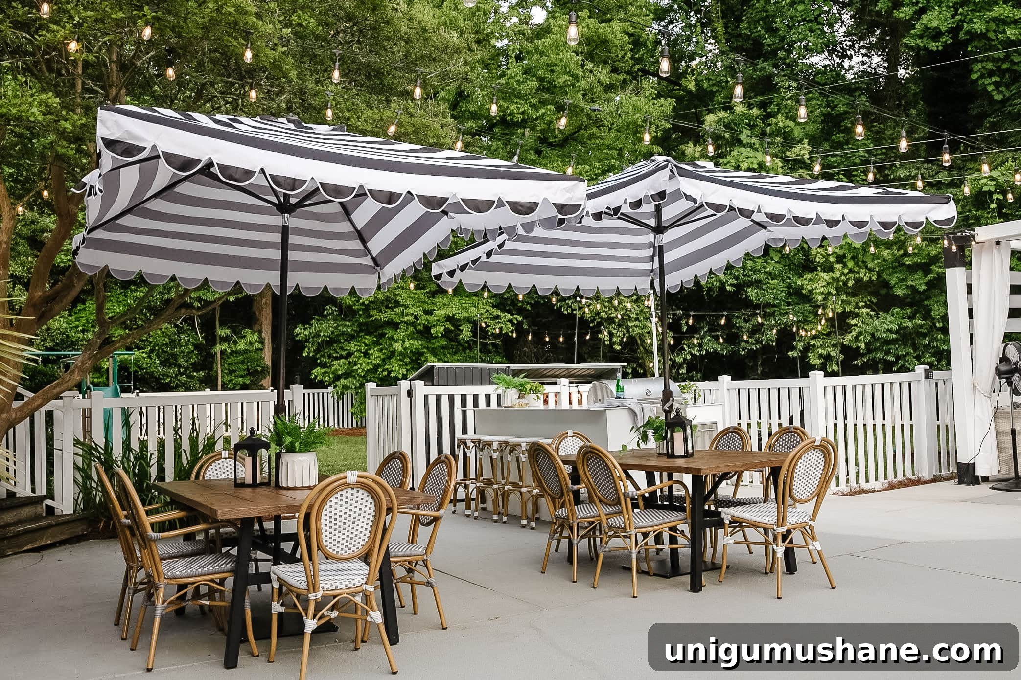 Walmart Patio Furniture After 2 Years: Durability Review 11 backyard patio dining sets with striped umbrellas beside an outdoor kitchen