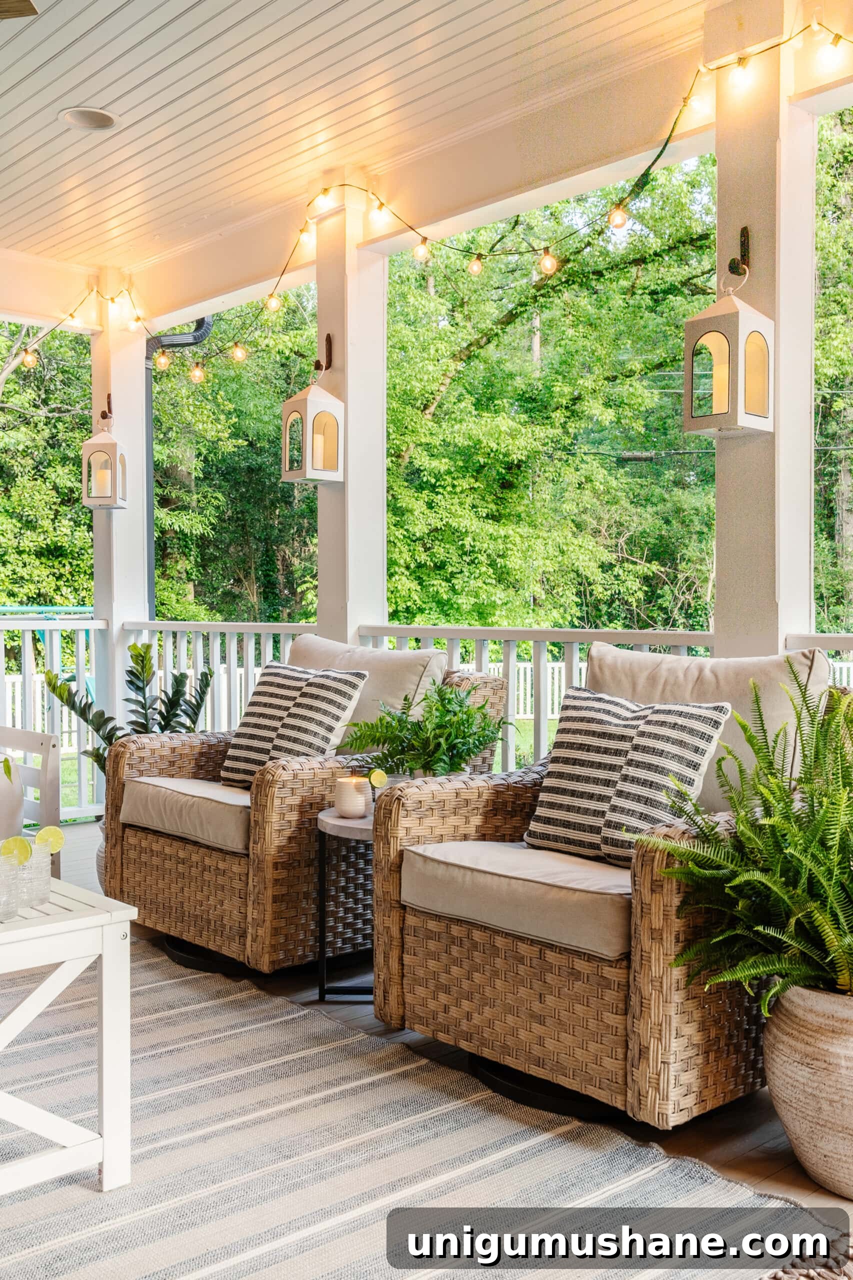 Walmart Patio Furniture After 2 Years: Durability Review 7 outdoor swivel chairs on a back porch with white coffee table and striped outdoor rug