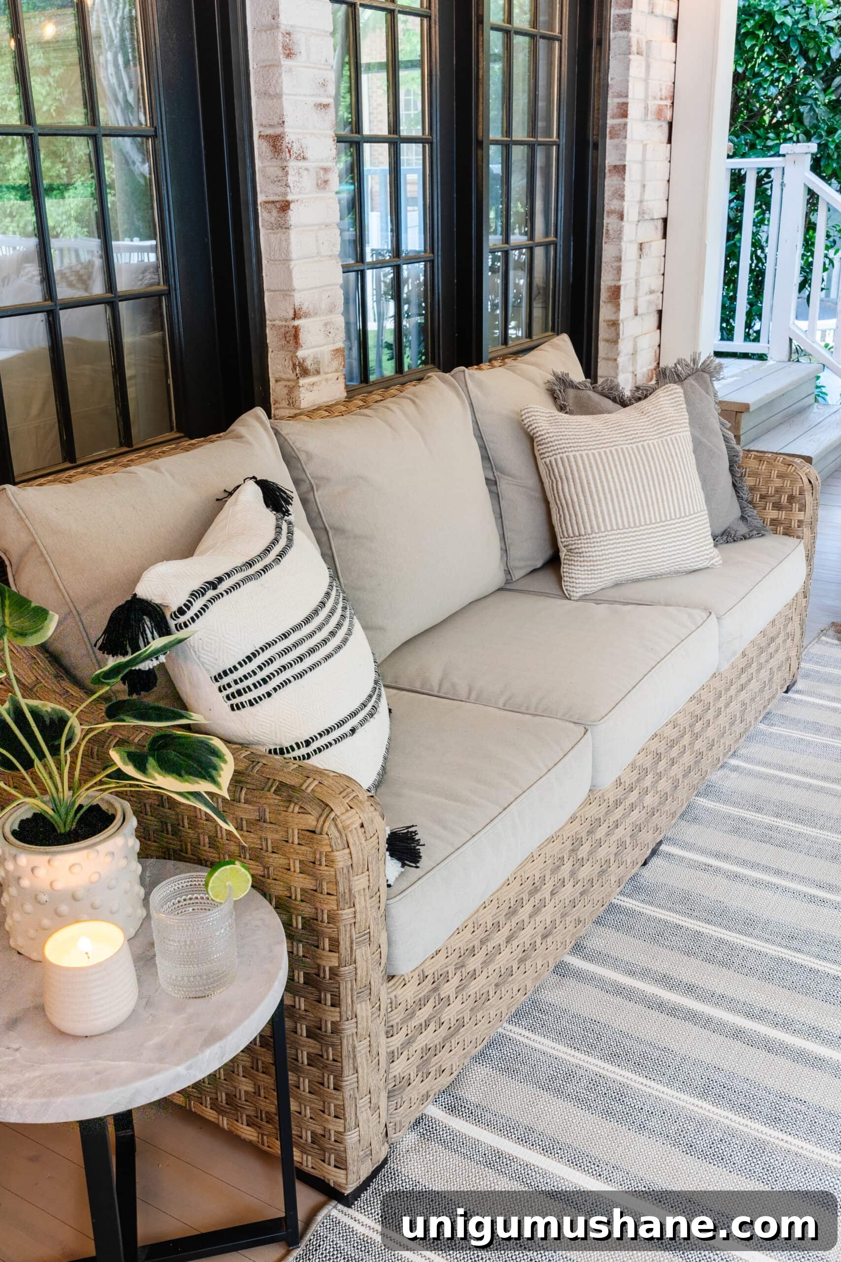 Walmart Patio Furniture After 2 Years: Durability Review 8 patio sofa on a back porch with neutral outdoor pillows