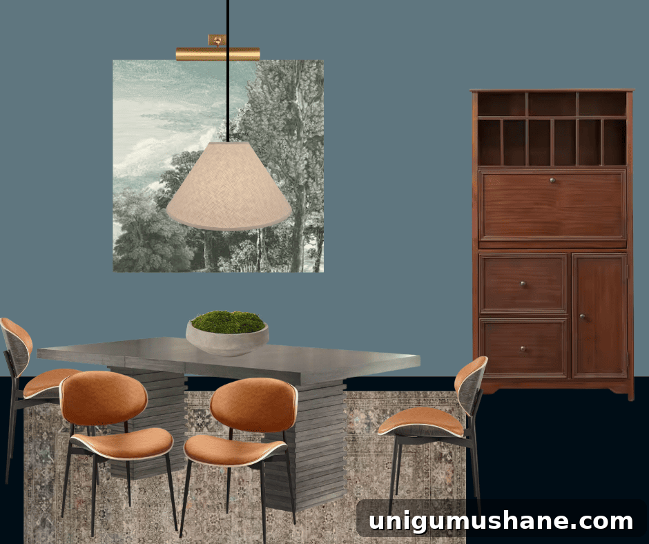 deep teal small conference room mood board with conference table, memo board, and desk