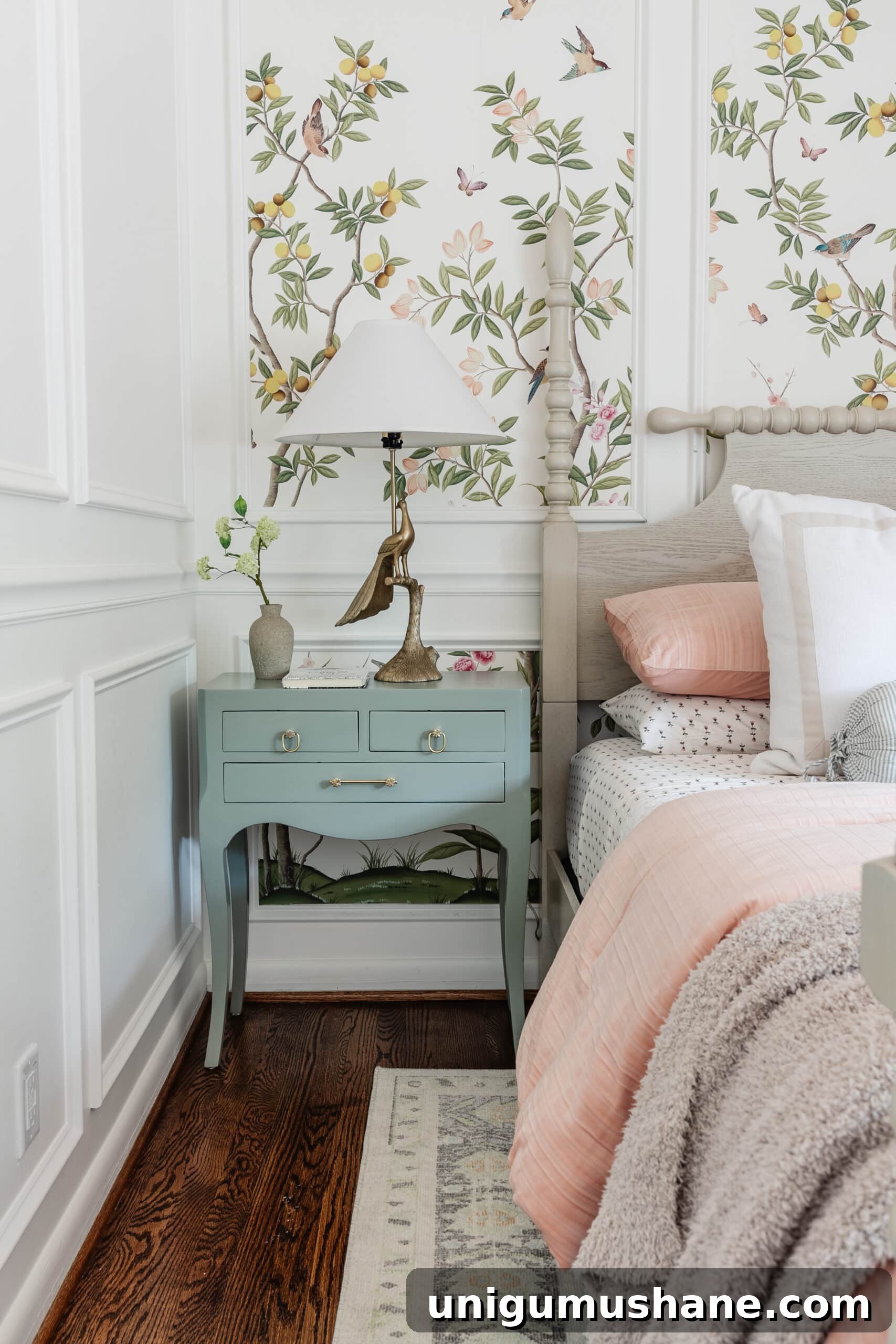 DIY Painted Nightstands: Pro Tip for Using Gloss Paint 12 peacock table lamp on a gloss painted bedside table in a little girl's bedroom