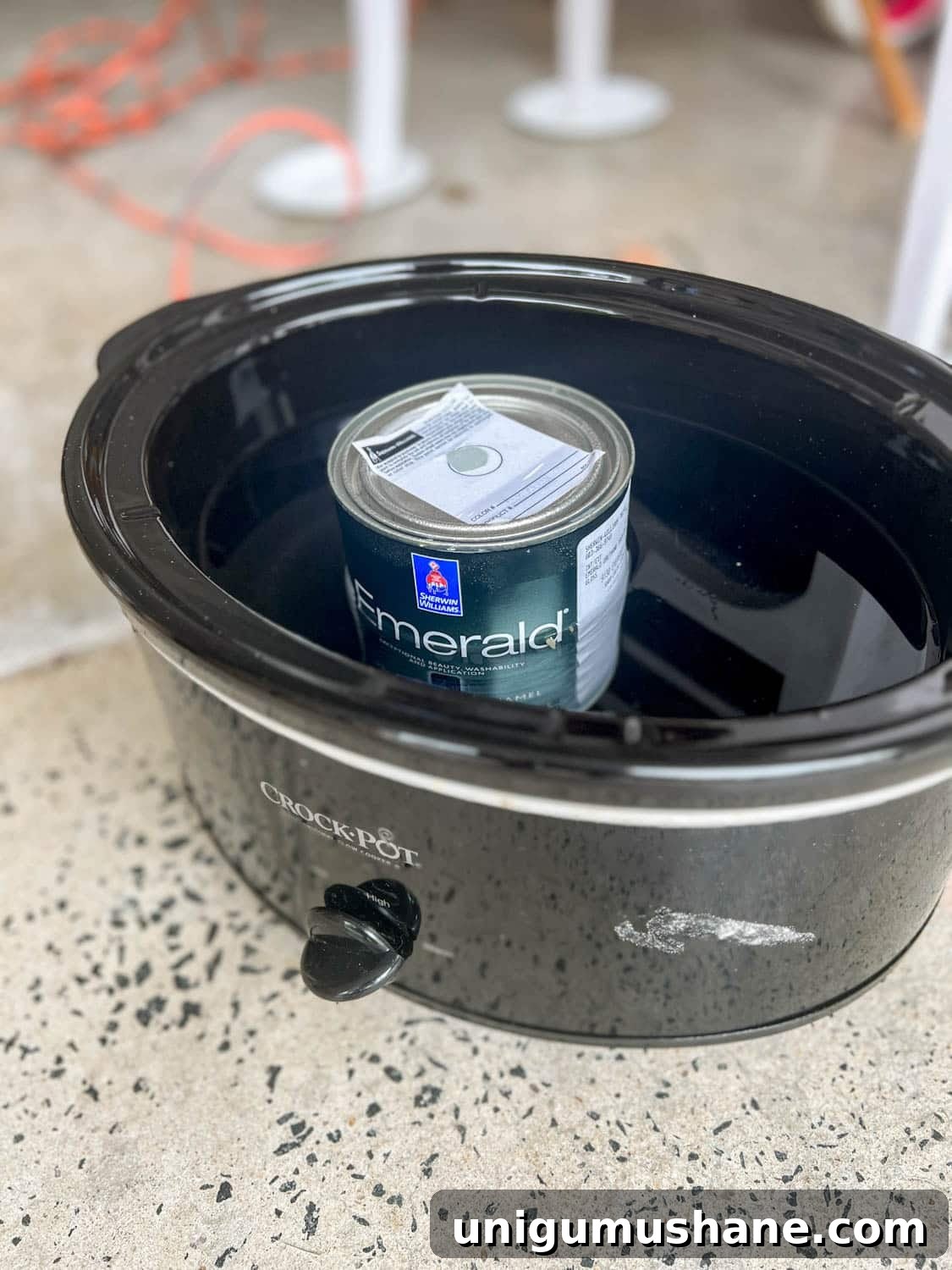 DIY Painted Nightstands: Pro Tip for Using Gloss Paint 8 warming a can of gloss paint in a slow cooker for smooth paint finish