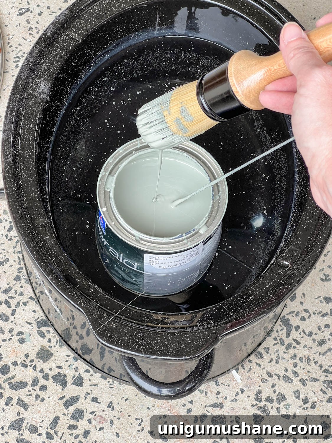 DIY Painted Nightstands: Pro Tip for Using Gloss Paint 9 warming a can of gloss paint in a slow cooker for smooth paint finish