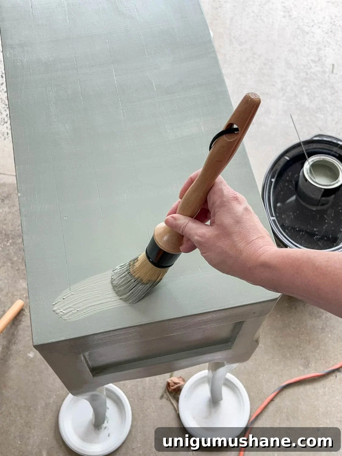 DIY Painted Nightstands: Pro Tip for Using Gloss Paint 10 painting a nightstand Sherwin Williams Evergreen Fog
