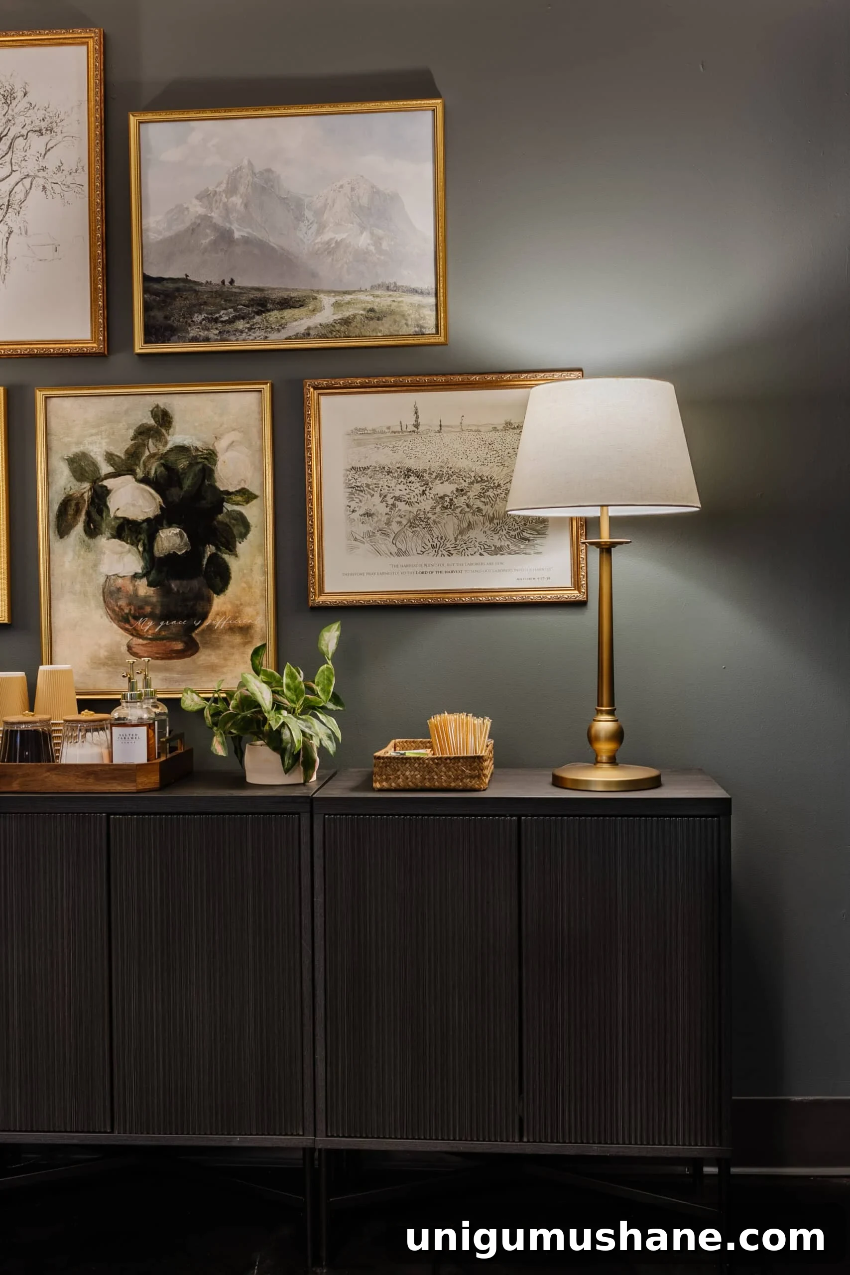 sideboard, gallery wall, and coffee station in a conference room