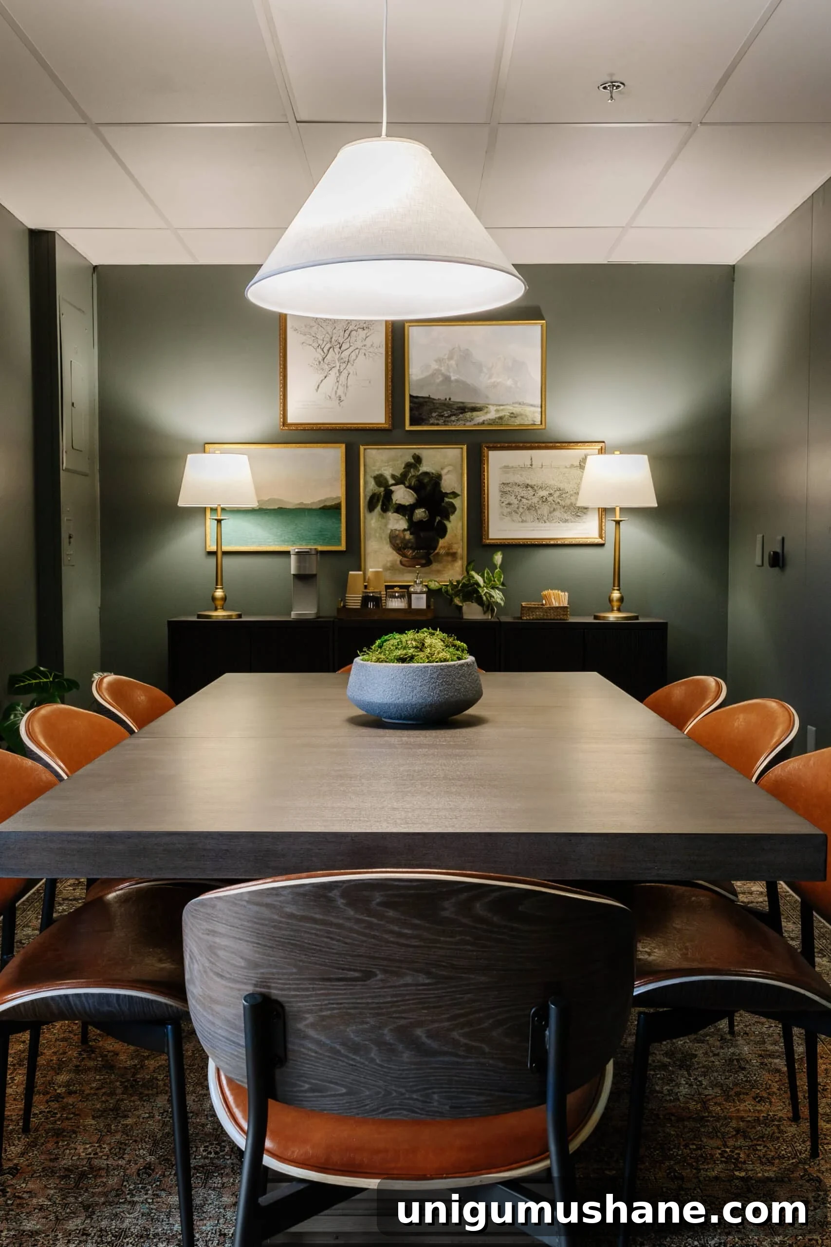 conference room lighting with cozy lamps instead of fluorescent bulbs with a conference table and chairs