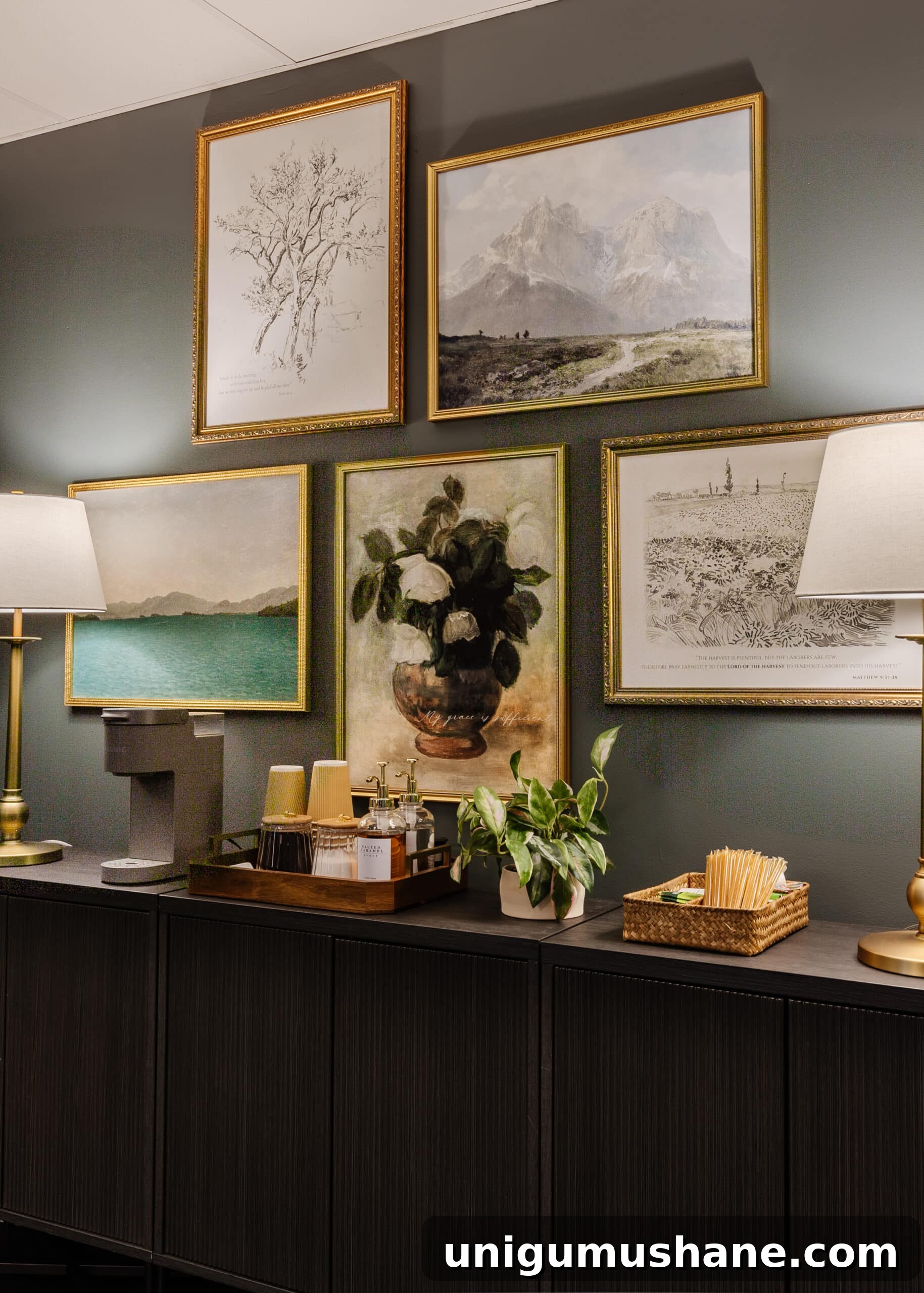 sideboard, gallery wall, and coffee station in a conference room