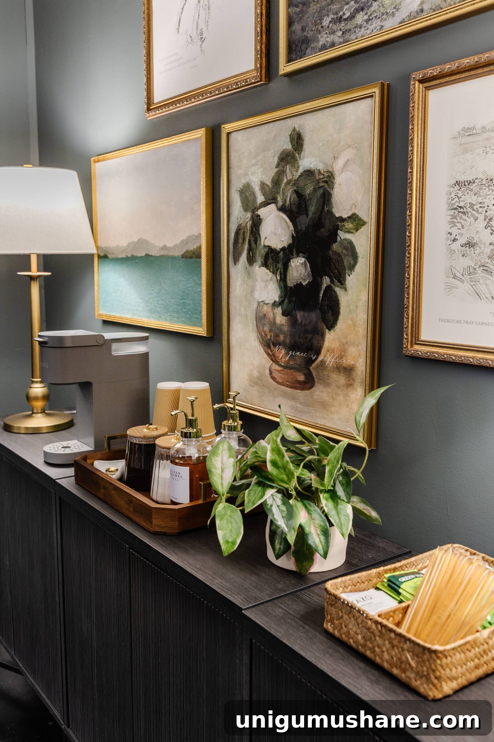 sideboard, gallery wall, and coffee station in a conference room