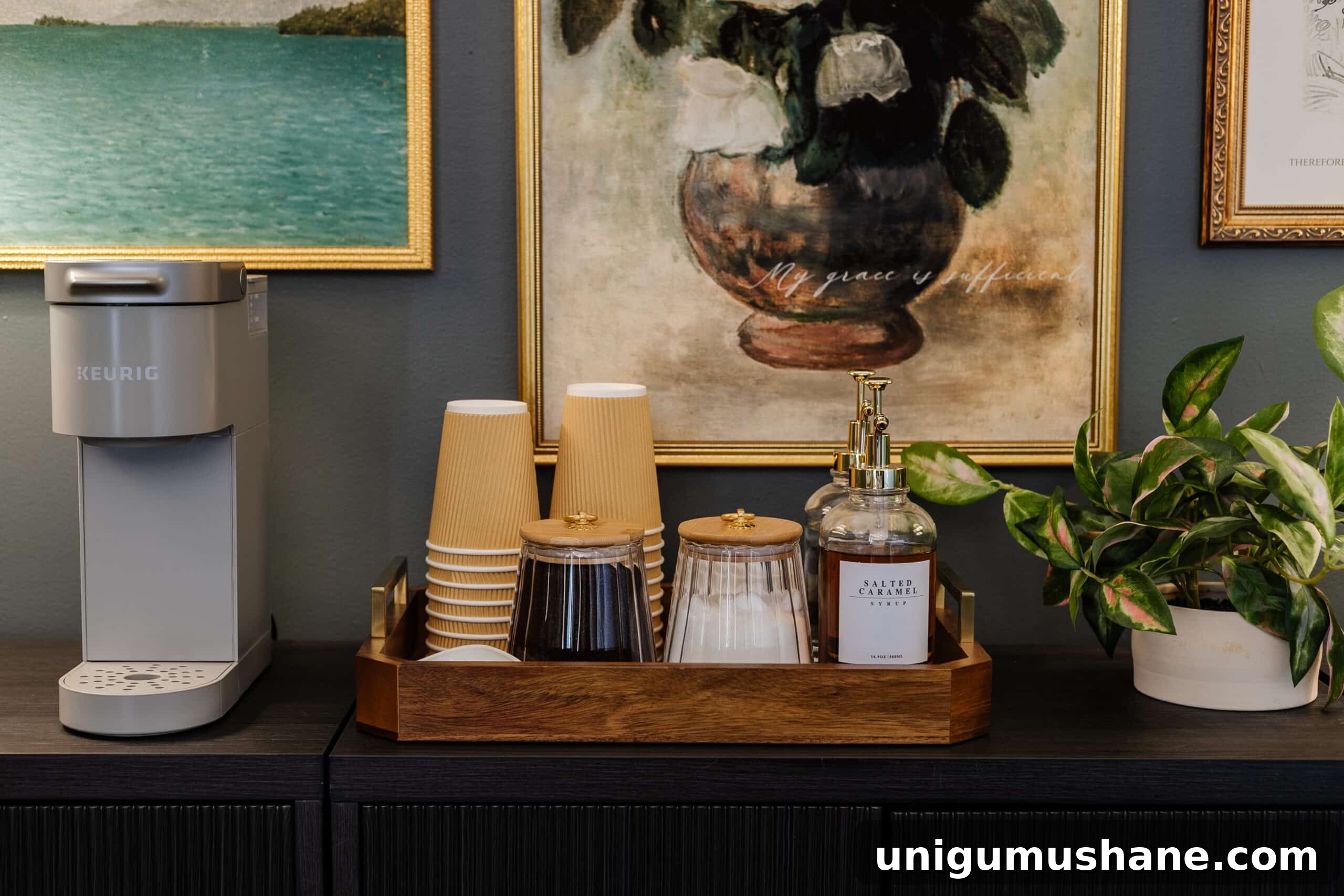 sideboard, gallery wall, and coffee station in a conference room