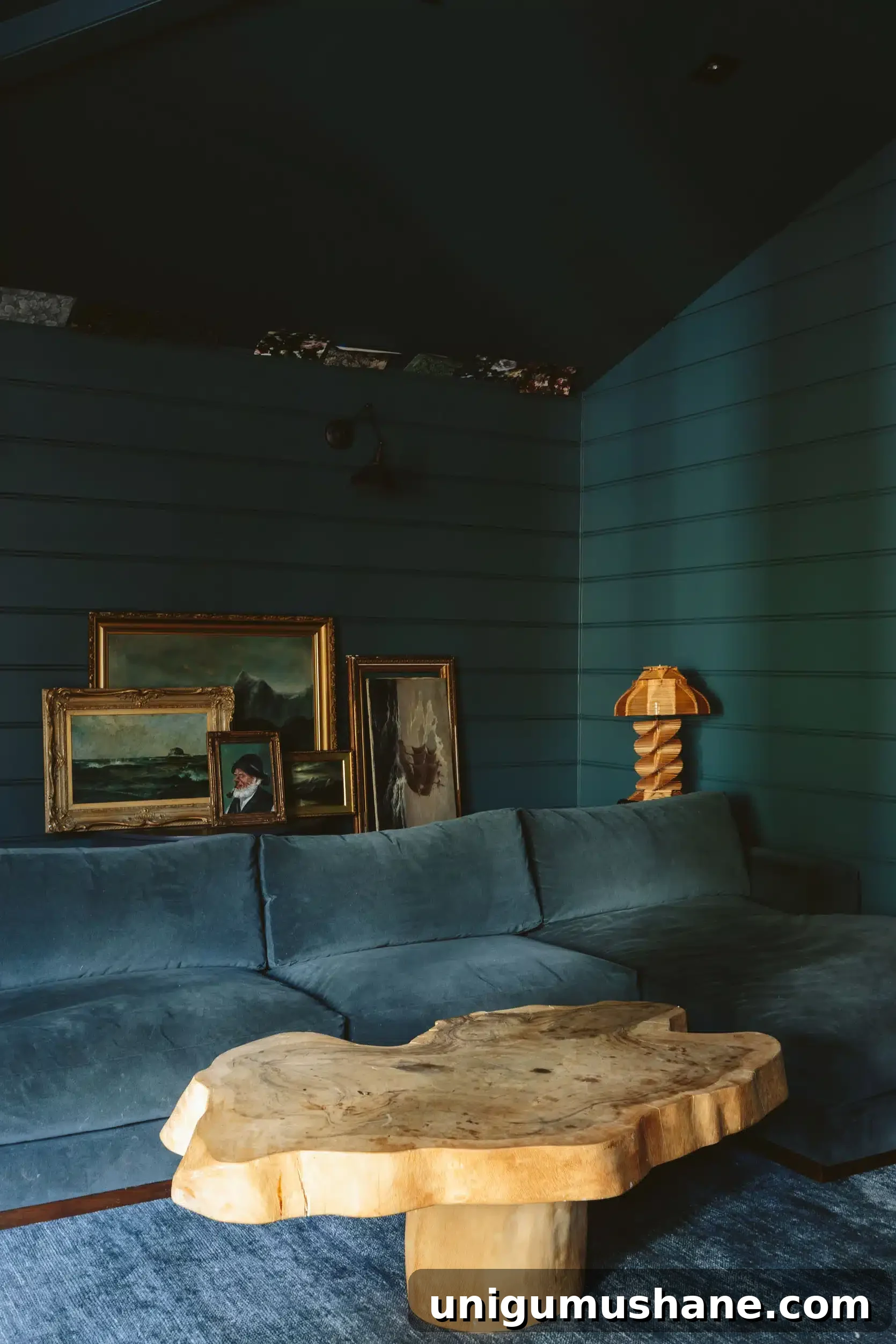sherwin williams still water dark teal on shiplap wall in a family room