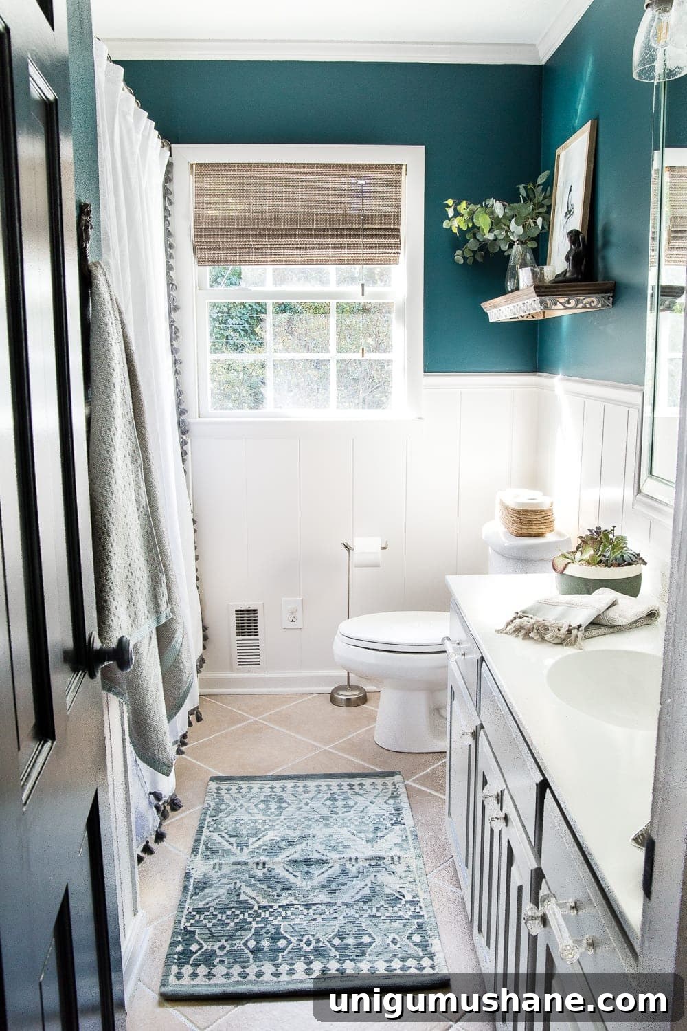 magnolia home weekend teal paint in a bathroom