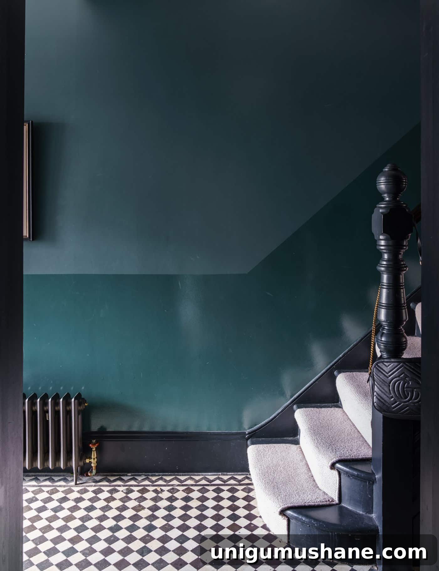 dual sheen Farrow and Ball Inchyra Blue teal stairs and entryway