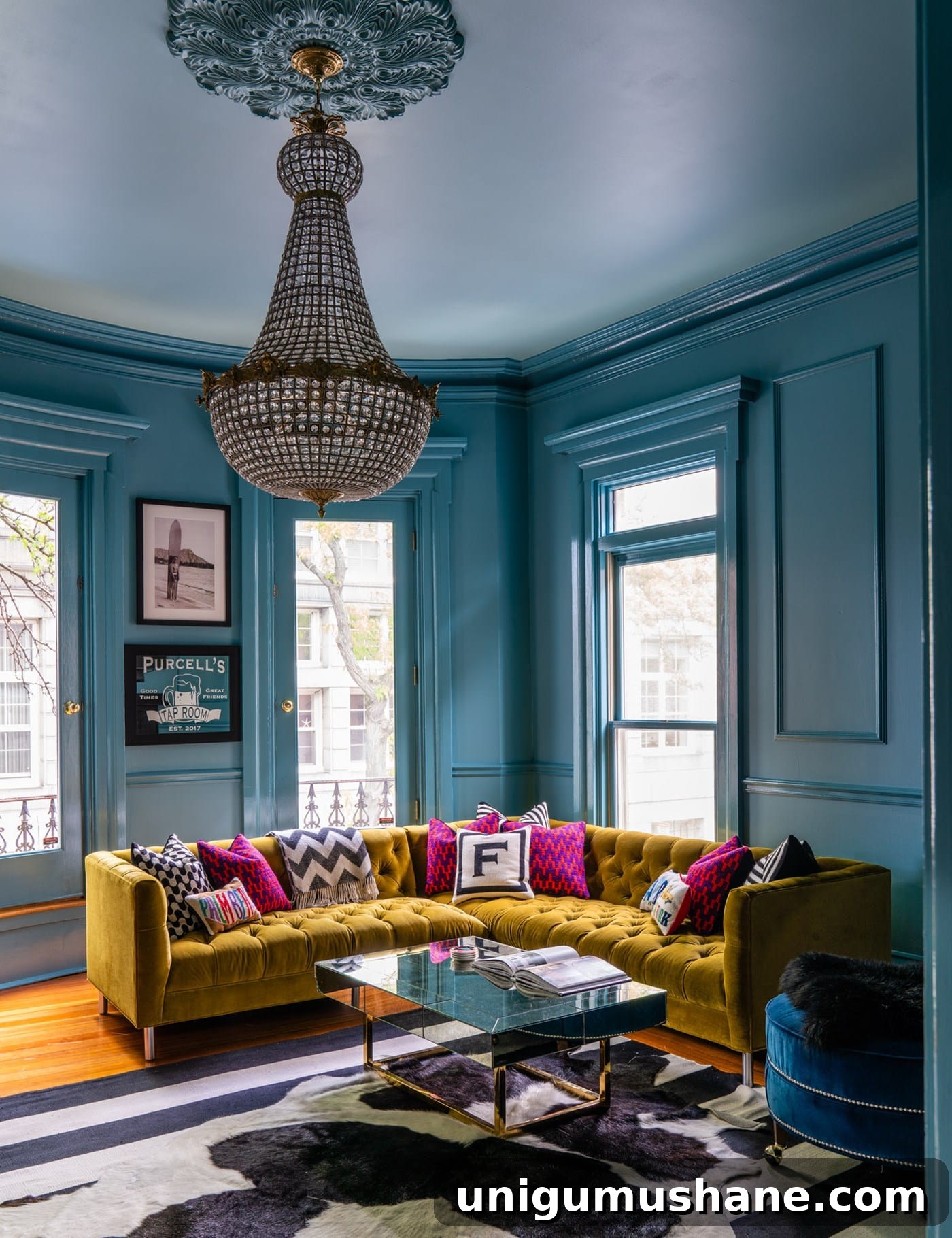 high gloss Farrow and Ball Stone Blue living room