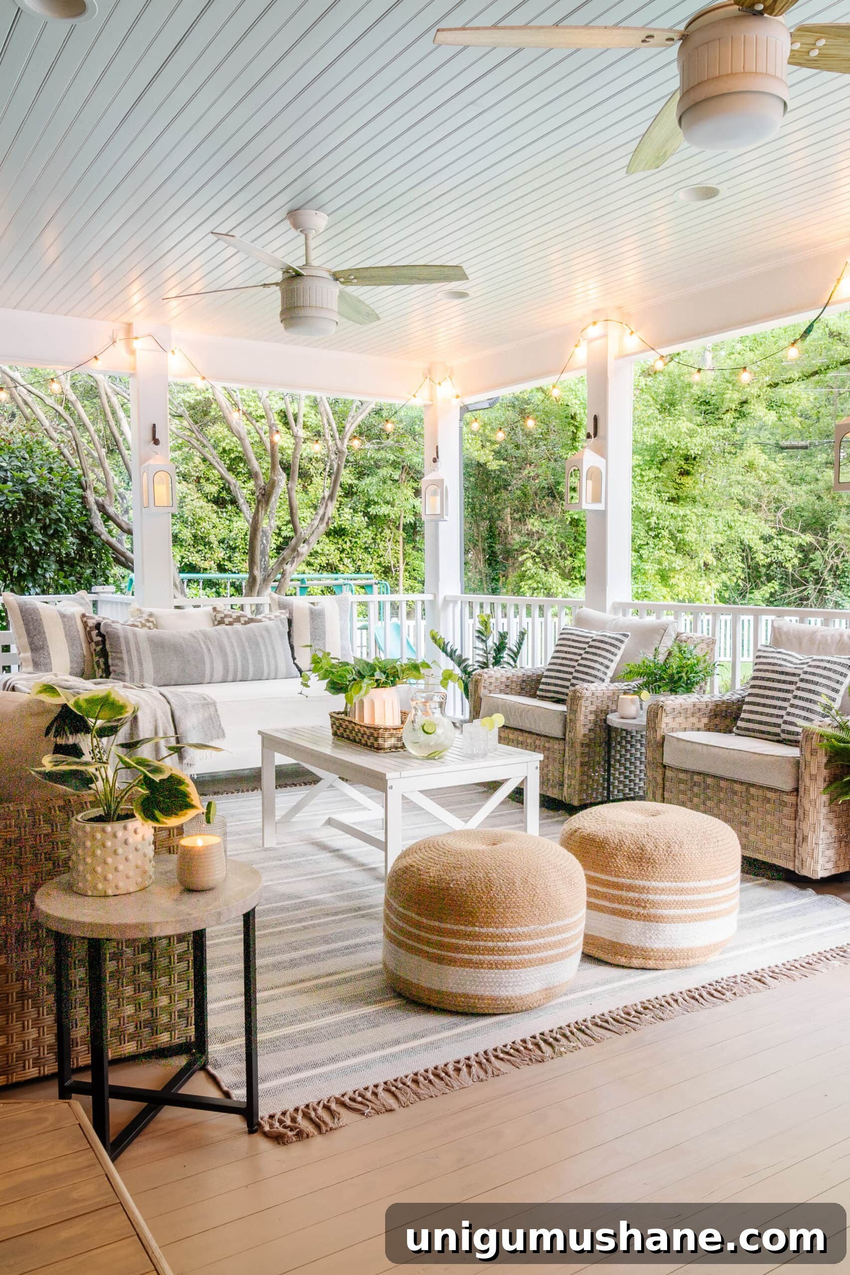 40 Faux Outdoor Plants for Porch Planters 10 faux outdoor plants on a back porch with haint blue ceiling and wicker furniture