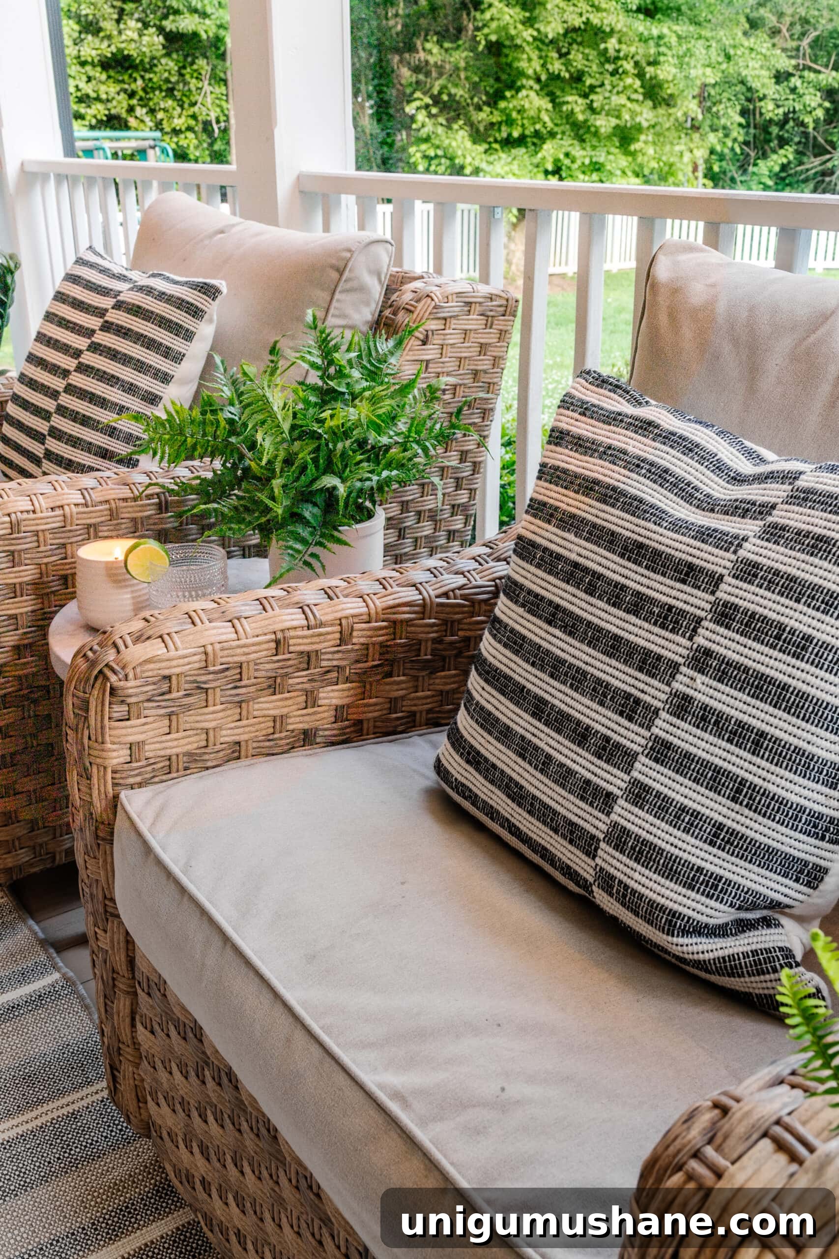 40 Faux Outdoor Plants for Porch Planters 11 back porch wicker chairs with faux fern on table