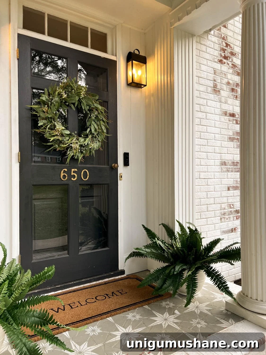 40 Faux Outdoor Plants for Porch Planters 4 realistic faux wreath and fake ferns on a colonial front porch stoop