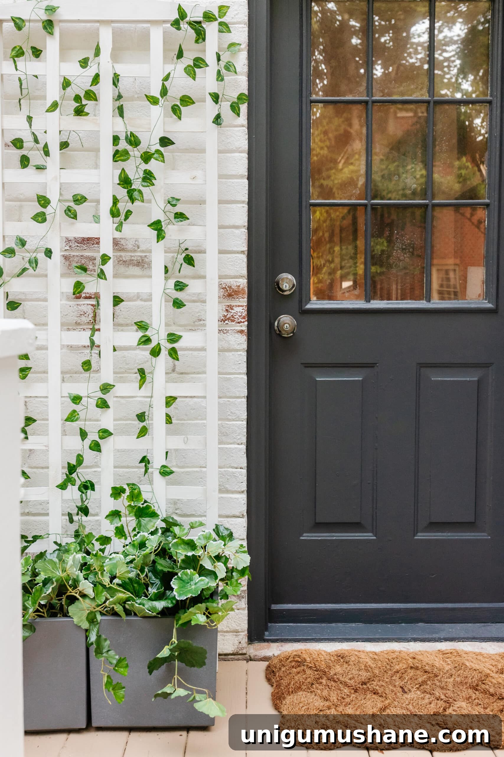 6 Small Side Porch Makeovers with Before and After Photos 14 side porch planter with trellis and side door and limewashed brick