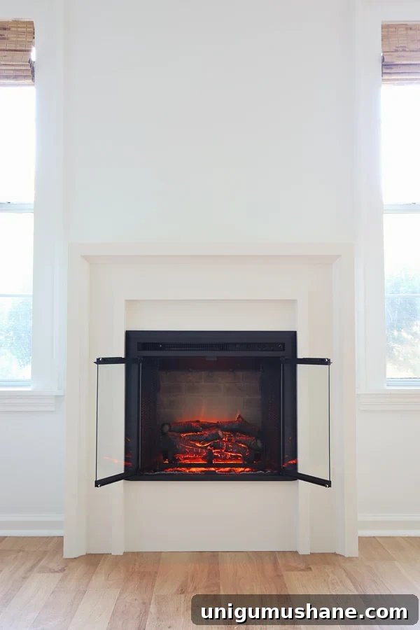 electric fireplace diy flanked by windows