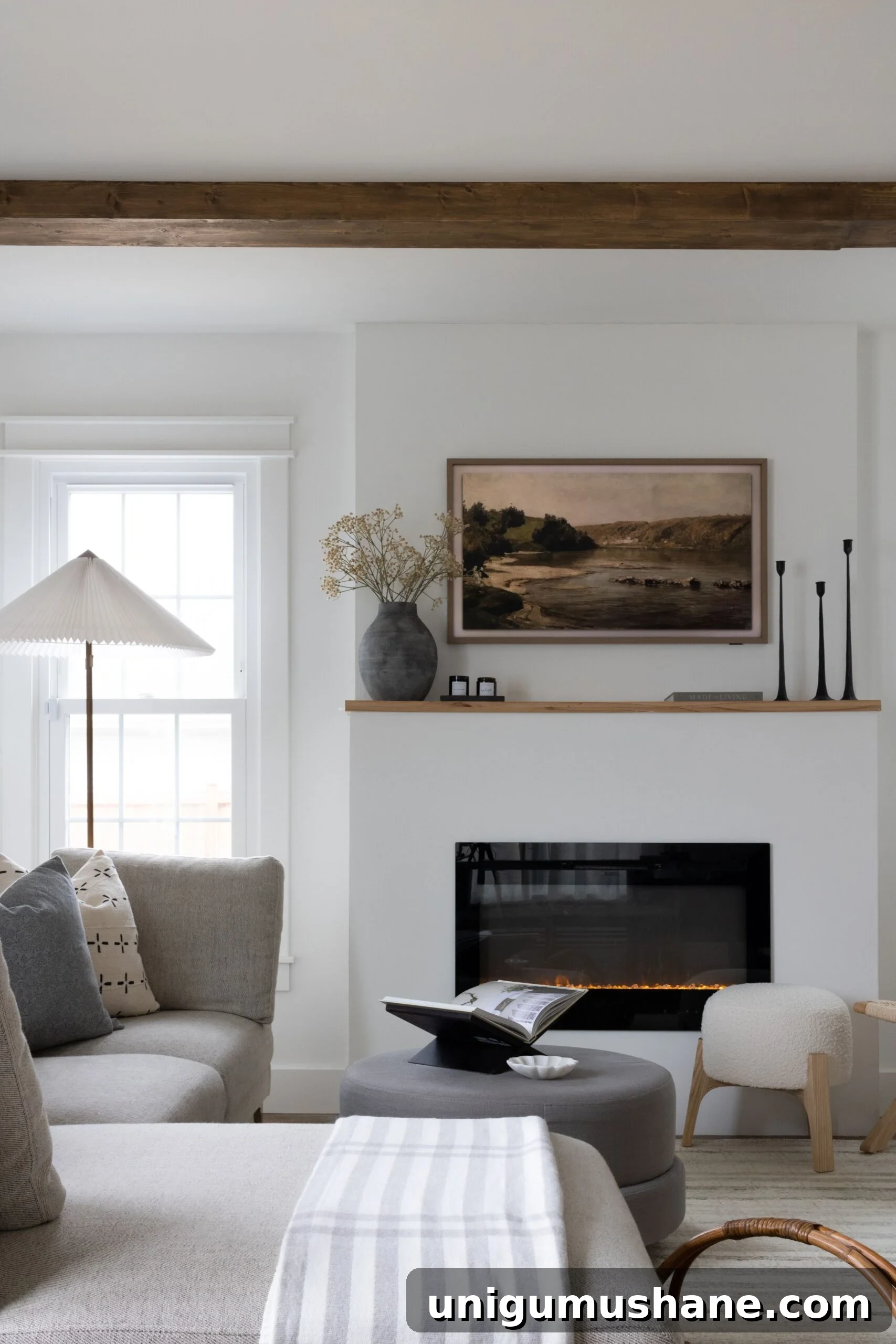 modern diy fireplace with wood mantel
