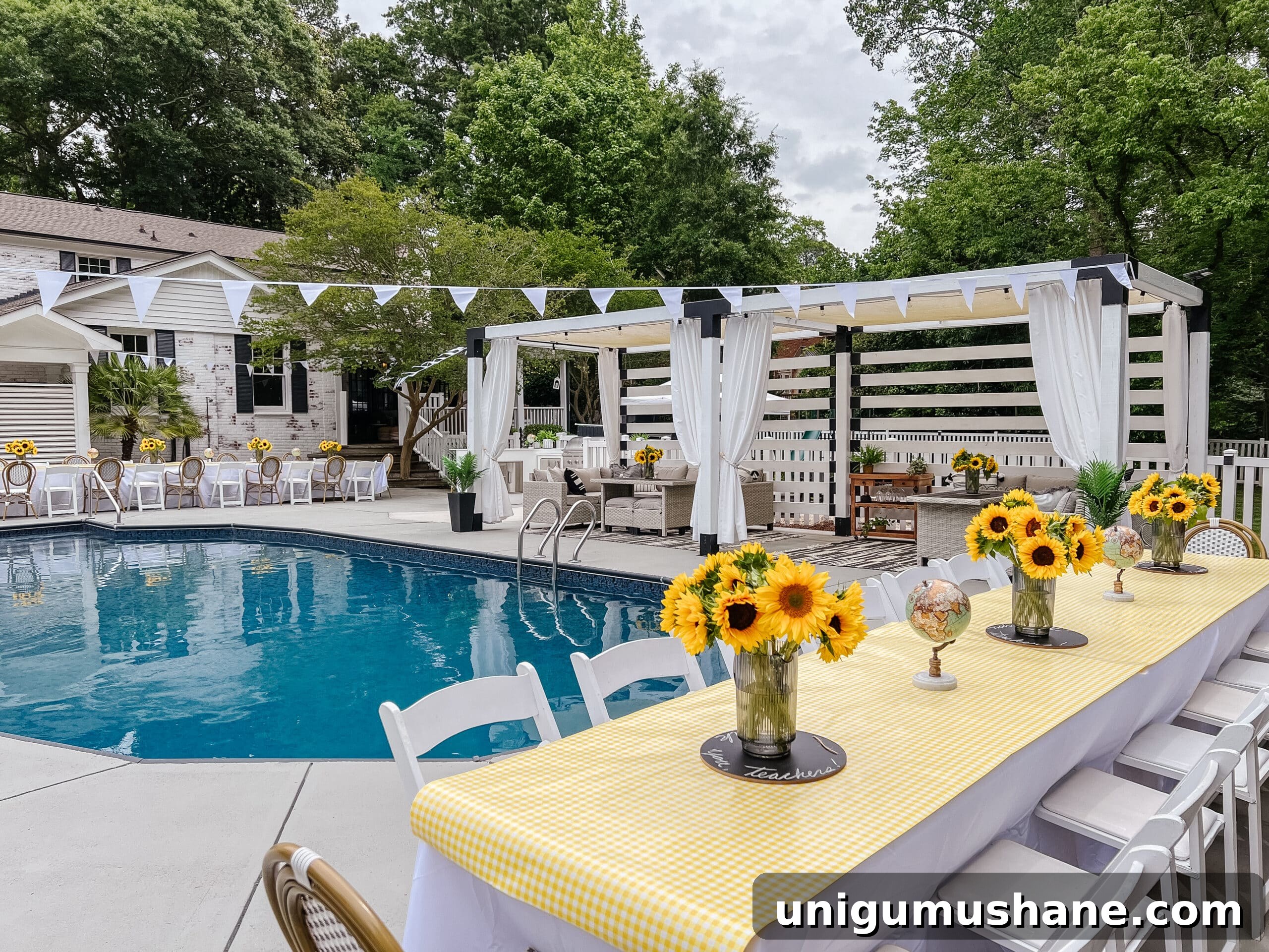Swim Party Checklist: Backyard Tips for a Splashing Bash 3 sunny days ahead end-of-school-year / graduation party with sunflowers around a backyard pool