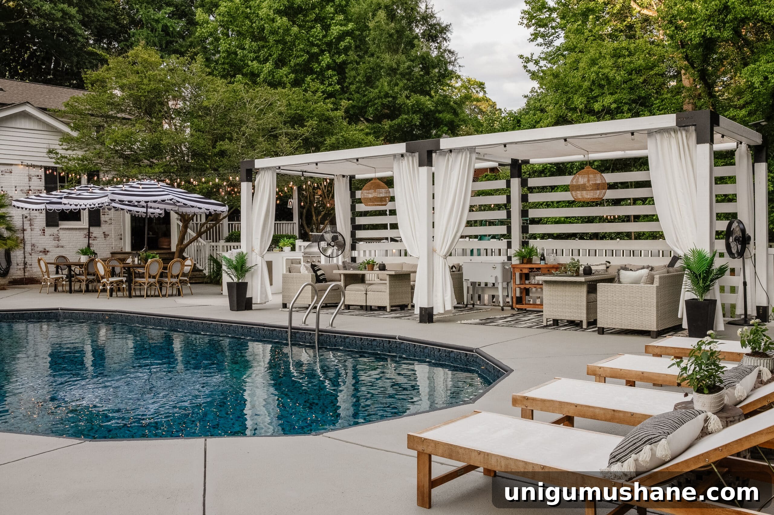 Swim Party Checklist: Backyard Tips for a Splashing Bash 22 backyard swimming pool with lounge chairs and cabana pergola