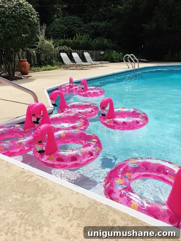 Swim Party Checklist: Backyard Tips for a Splashing Bash 7 flamingo themed pool party using flamingo pool floats as decor and party favors