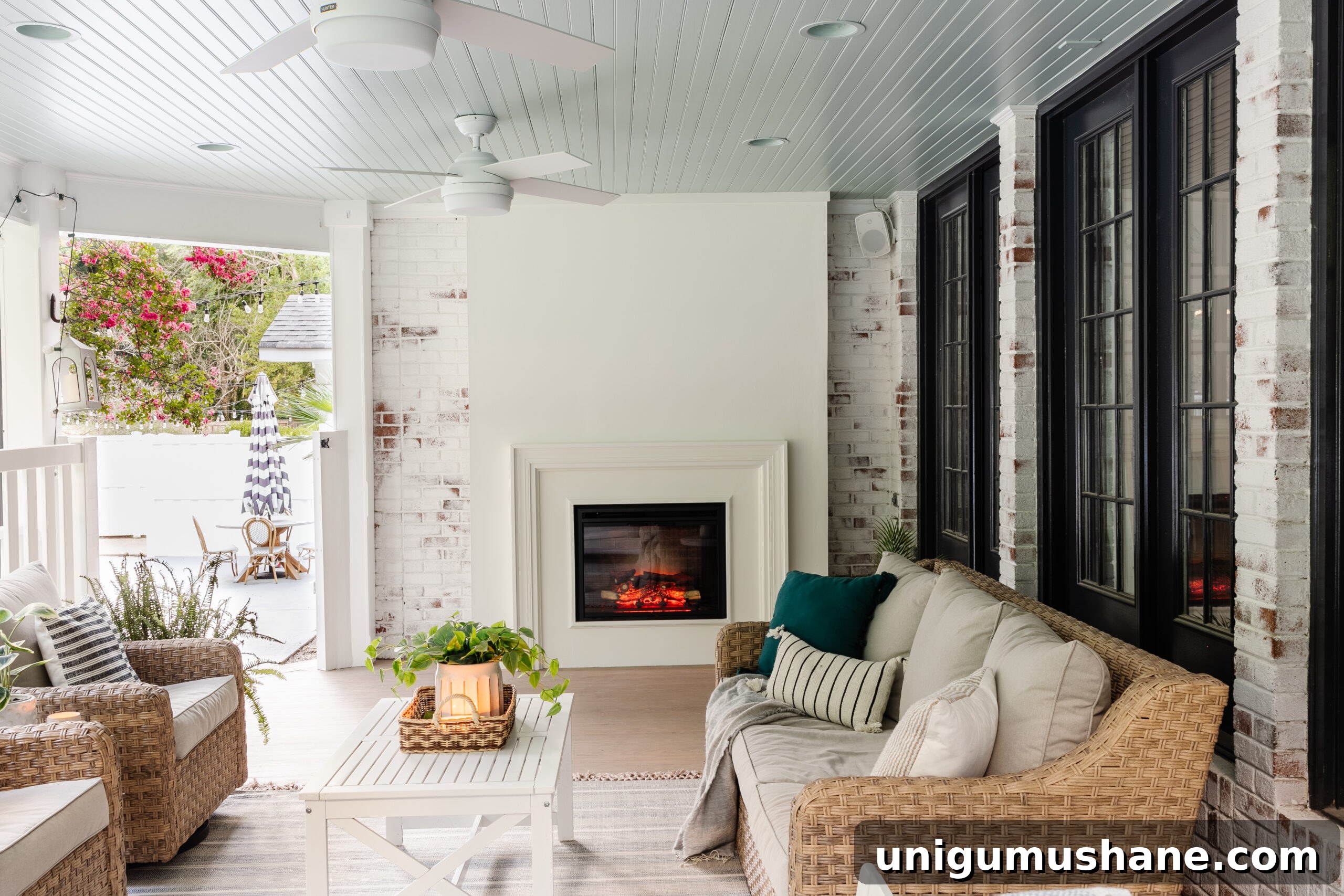DIY Plaster Fireplace with Electric Insert Guide 2 porch fireplace limewashed brick and haint blue ceiling