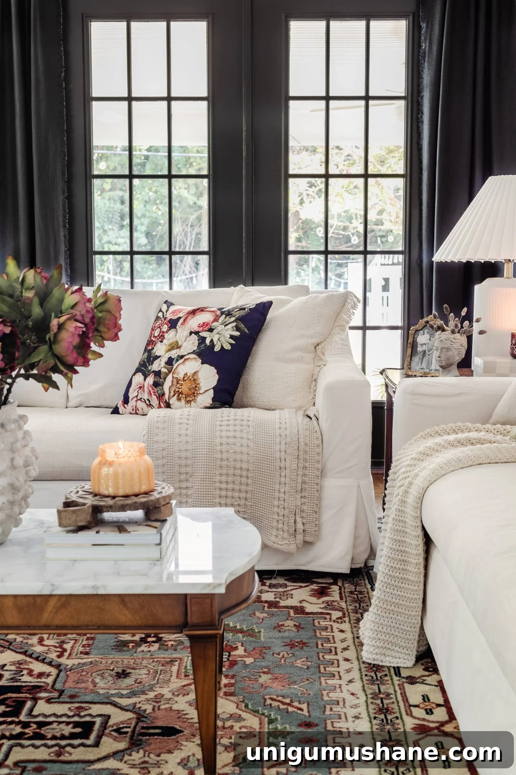 Start Decorating Your Living Room: A Step-by-Step Guide 10 white living room sofas with navy floral pillow